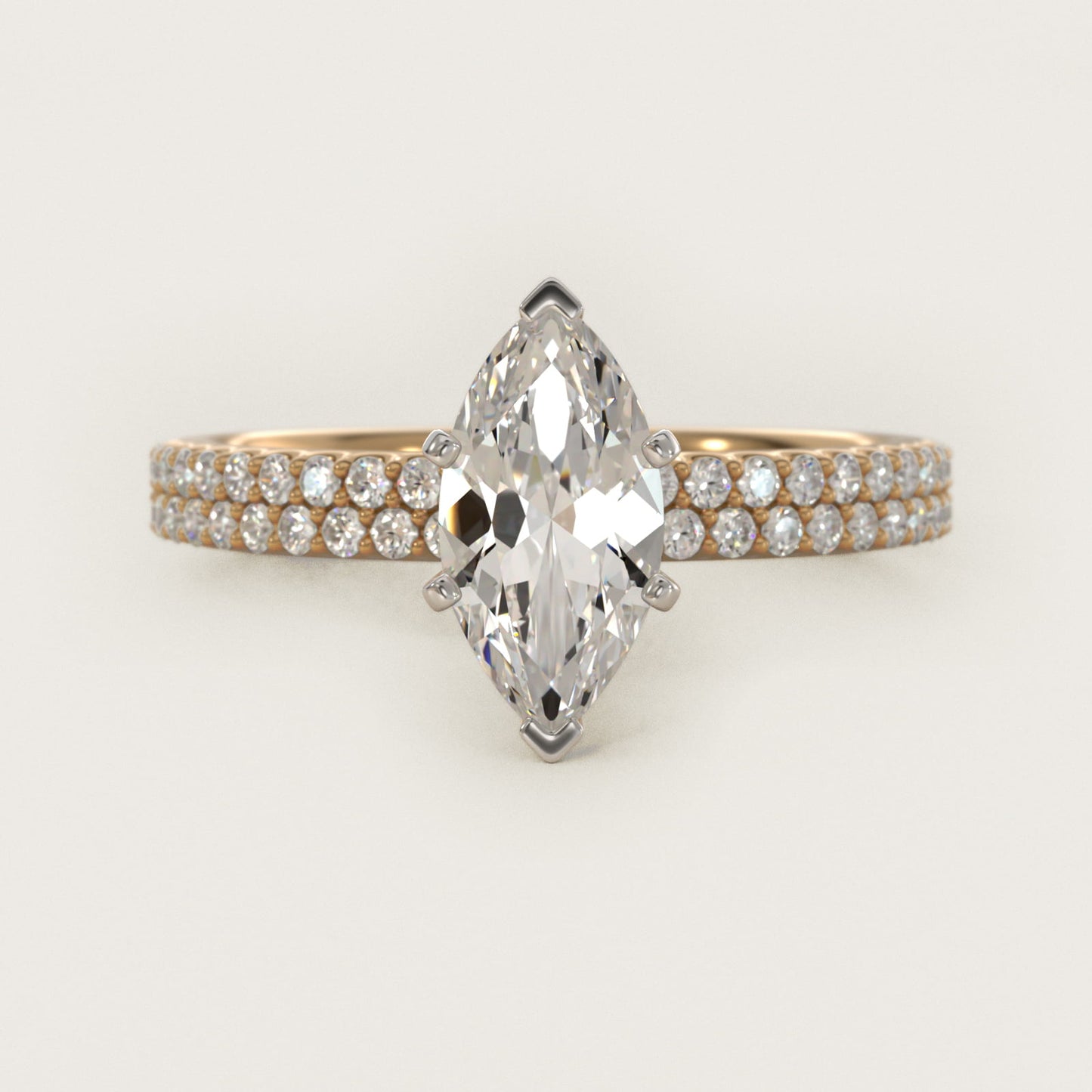 Petite Double Row Diamond Engagement Ring in 14k Yellow Gold - Marquise Center