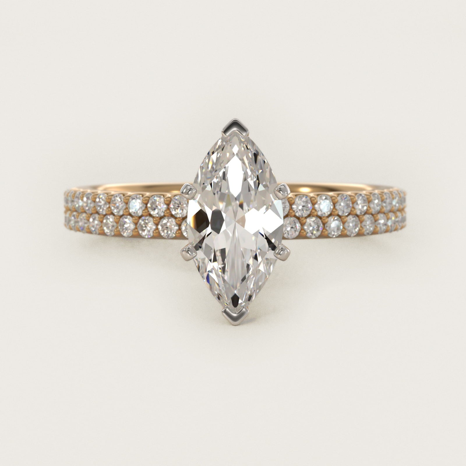 Petite Double Row Diamond Engagement Ring in 14k Yellow Gold - Marquise Center