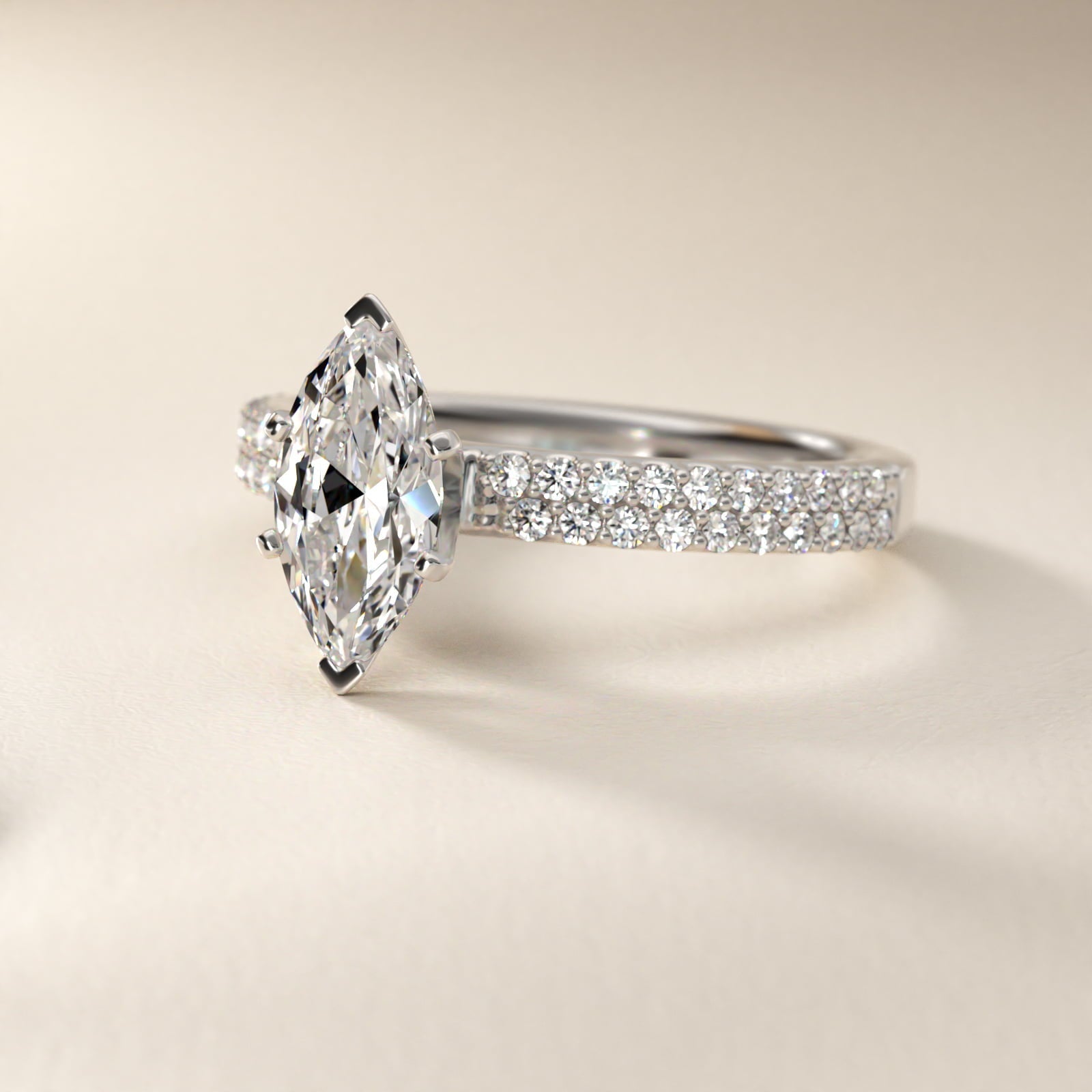Petite Double Row Diamond Engagement Ring in Platinum - Marquise Center
