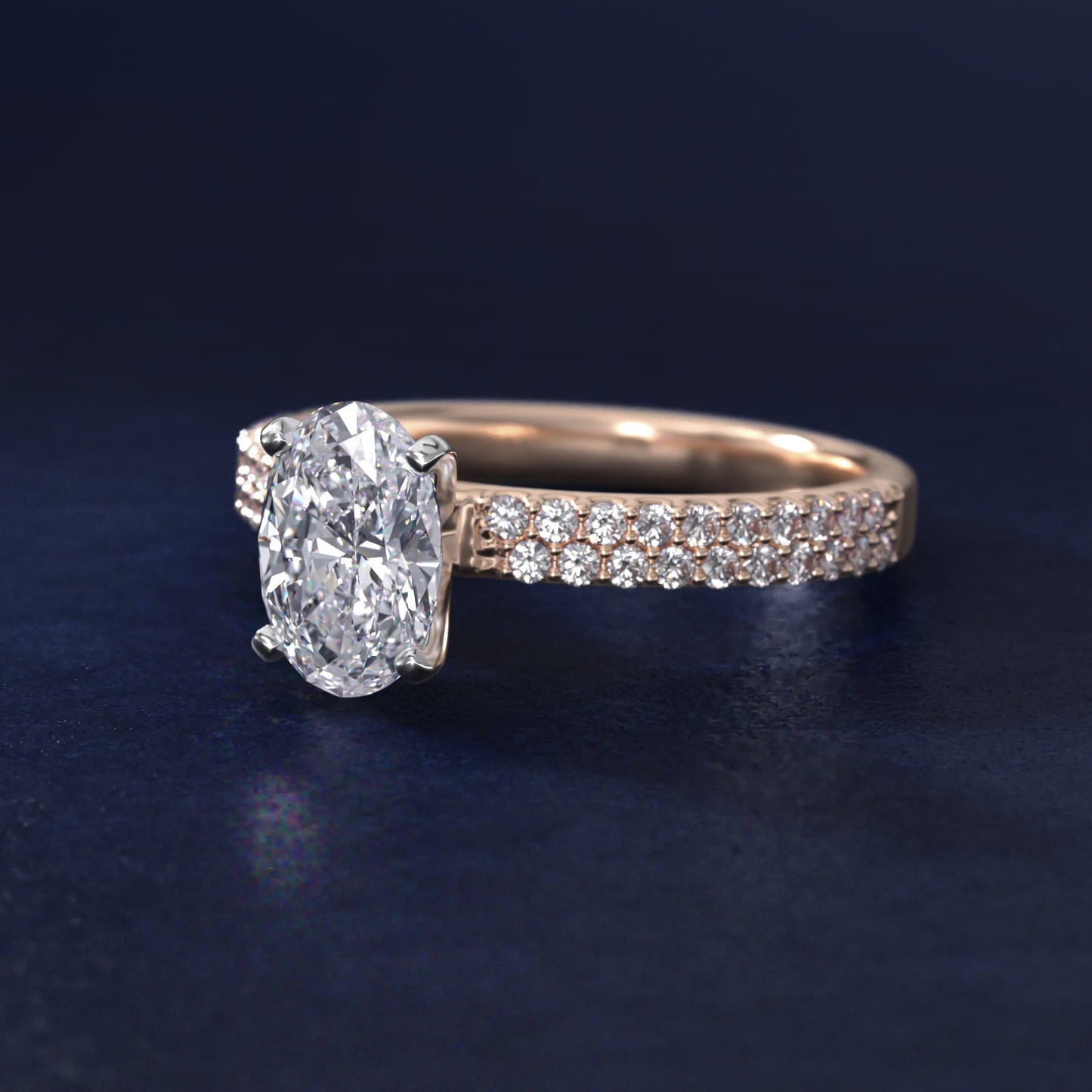 Petite Double Row Diamond Engagement Ring in 18k Rose Gold - Oval Center