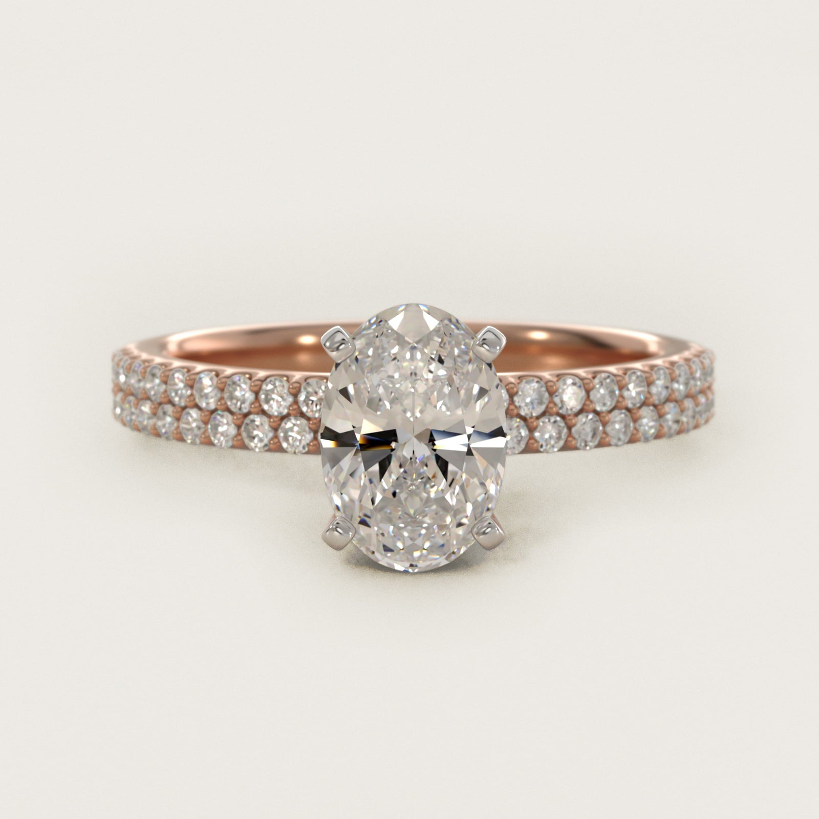 Petite Double Row Diamond Engagement Ring in 14k Rose Gold - Oval Center