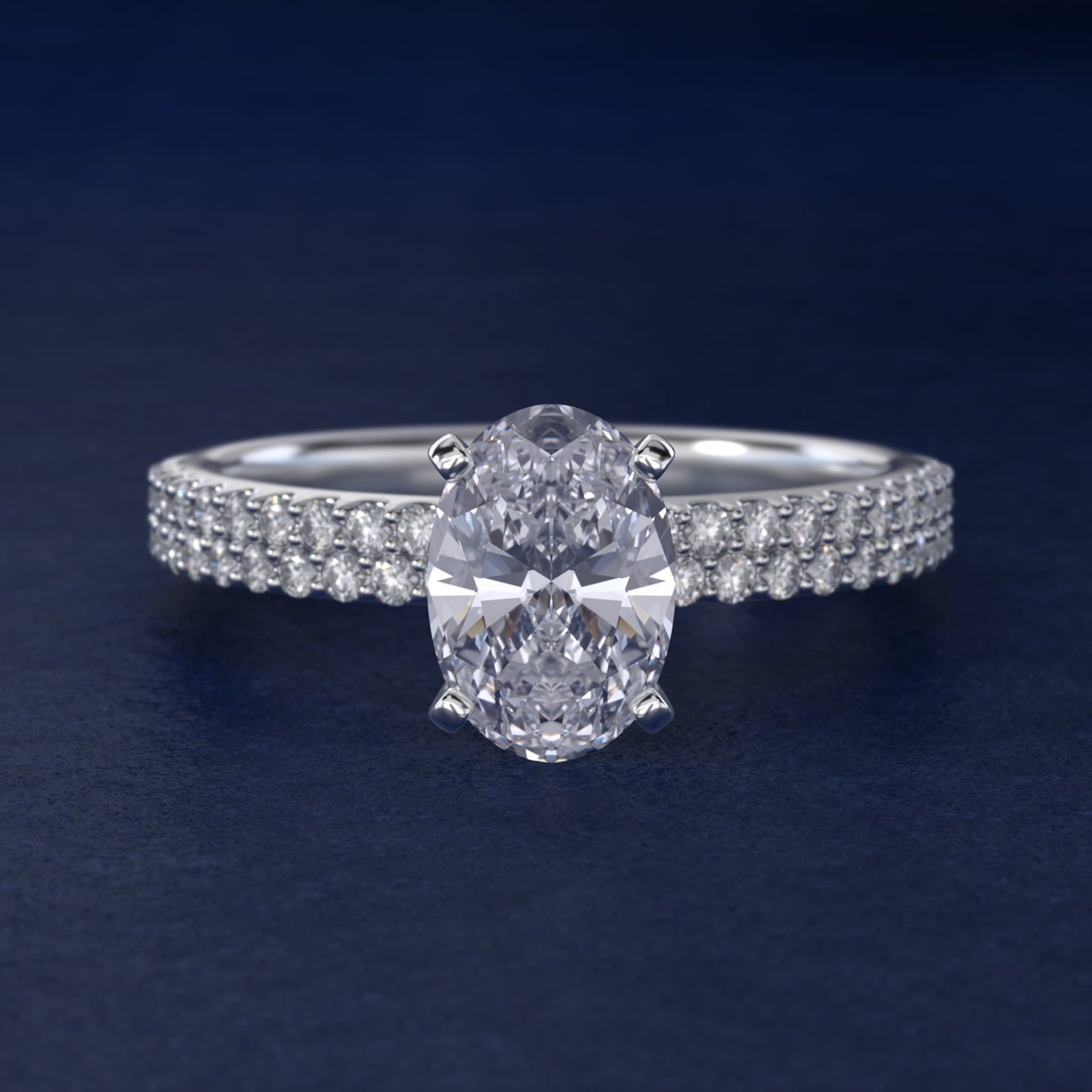 Petite Double Row Diamond Engagement Ring in 14k White Gold - Oval Center