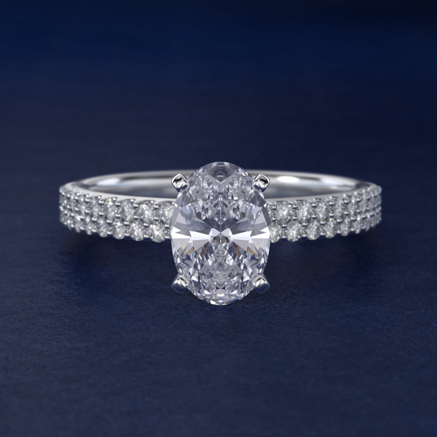 Petite Double Row Diamond Engagement Ring in 18k White Gold - Oval Center