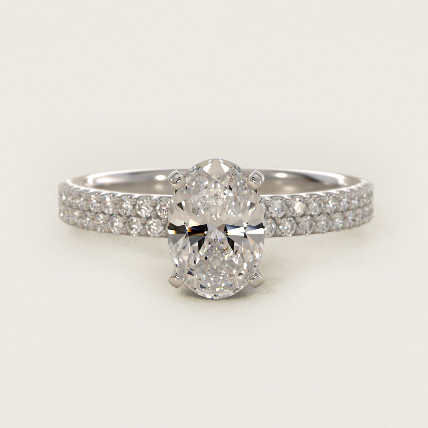 Petite Double Row Diamond Engagement Ring in 14k White Gold - Oval Center