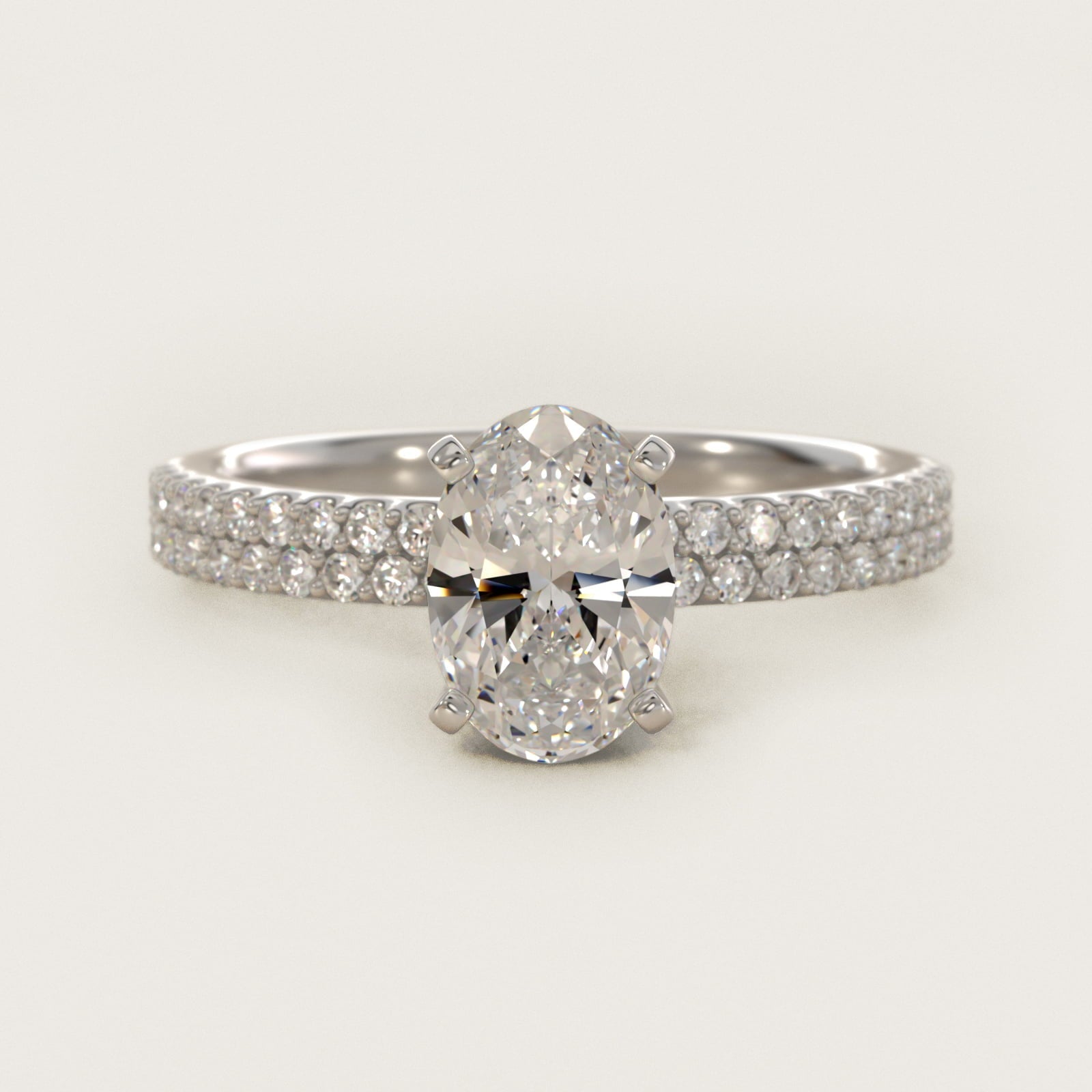 Petite Double Row Diamond Engagement Ring in 18k White Gold - Oval Center