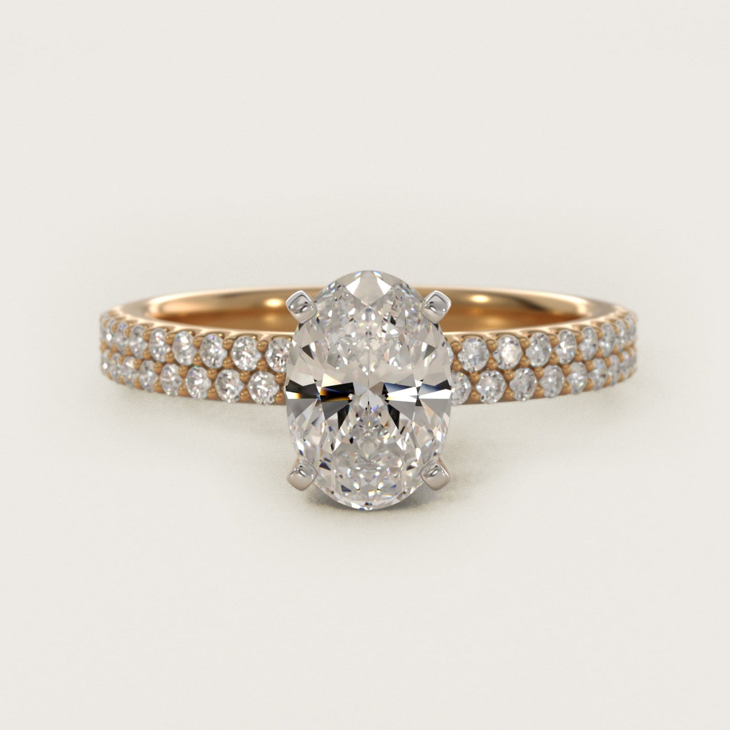 Petite Double Row Diamond Engagement Ring in 14k Yellow Gold - Oval Center