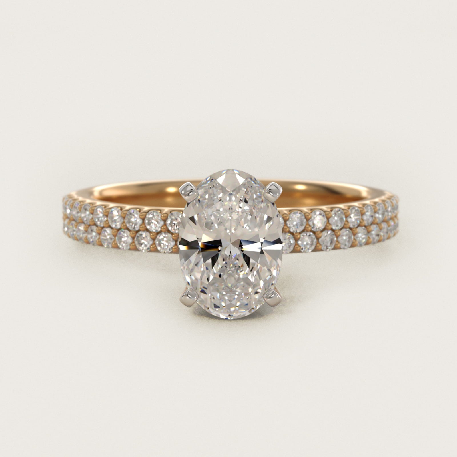 Petite Double Row Diamond Engagement Ring in 14k Yellow Gold - Oval Center