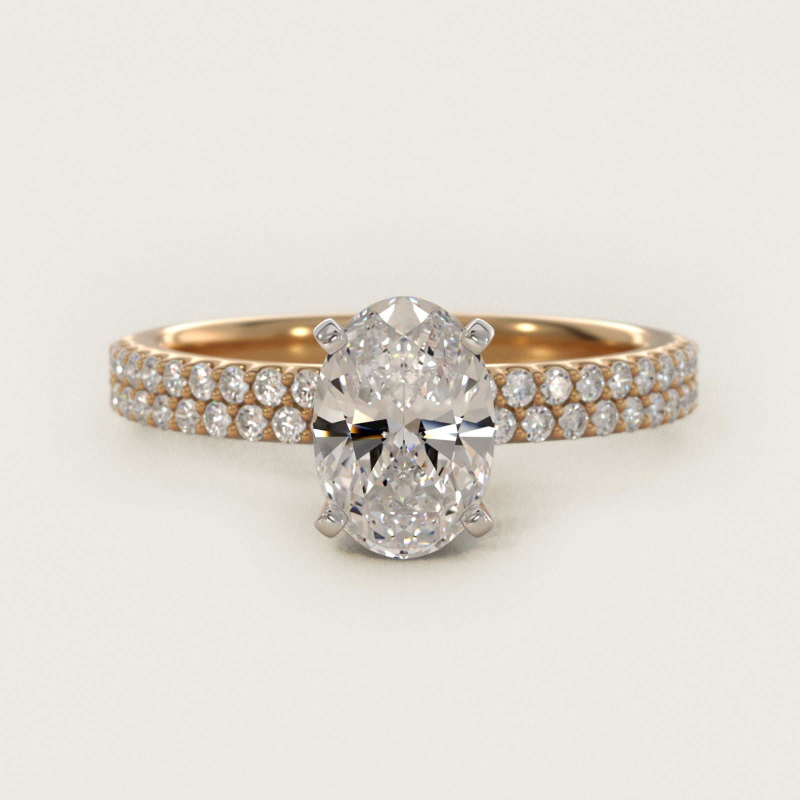 Petite Double Row Diamond Engagement Ring in 18k Yellow Gold - Oval Center