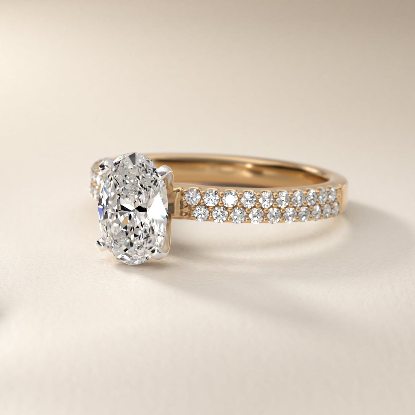 Petite Double Row Diamond Engagement Ring in 18k Yellow Gold - Oval Center