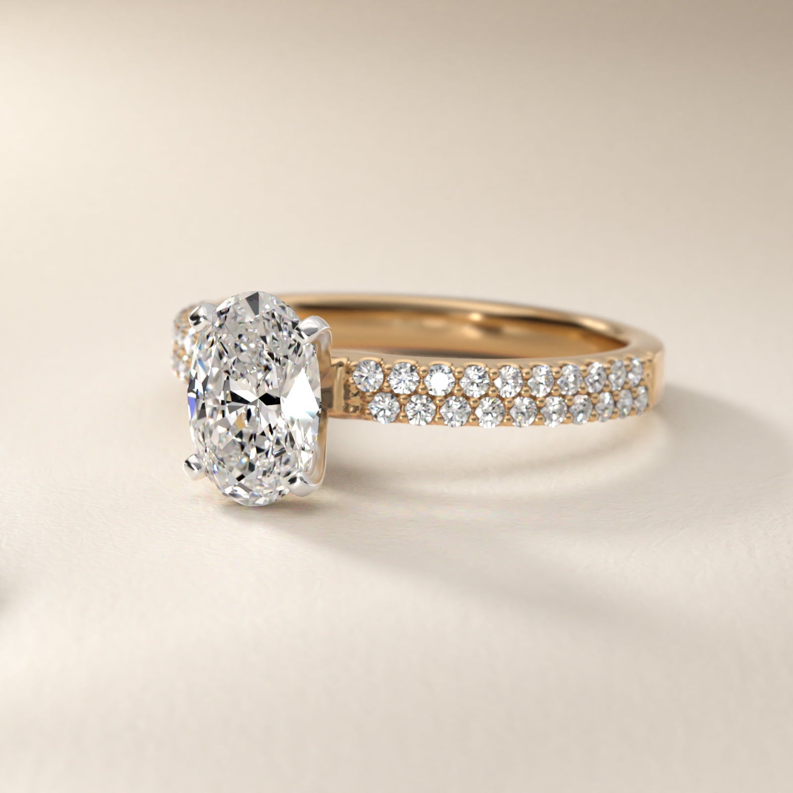 Petite Double Row Diamond Engagement Ring in 18k Yellow Gold - Oval Center