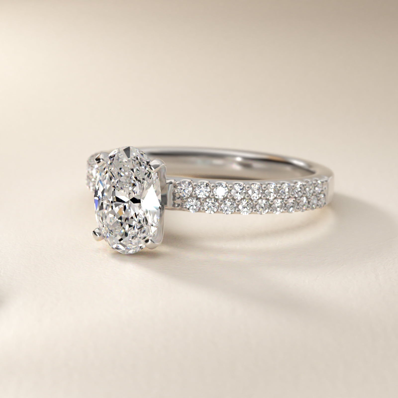 Petite Double Row Diamond Engagement Ring in Platinum - Oval Center