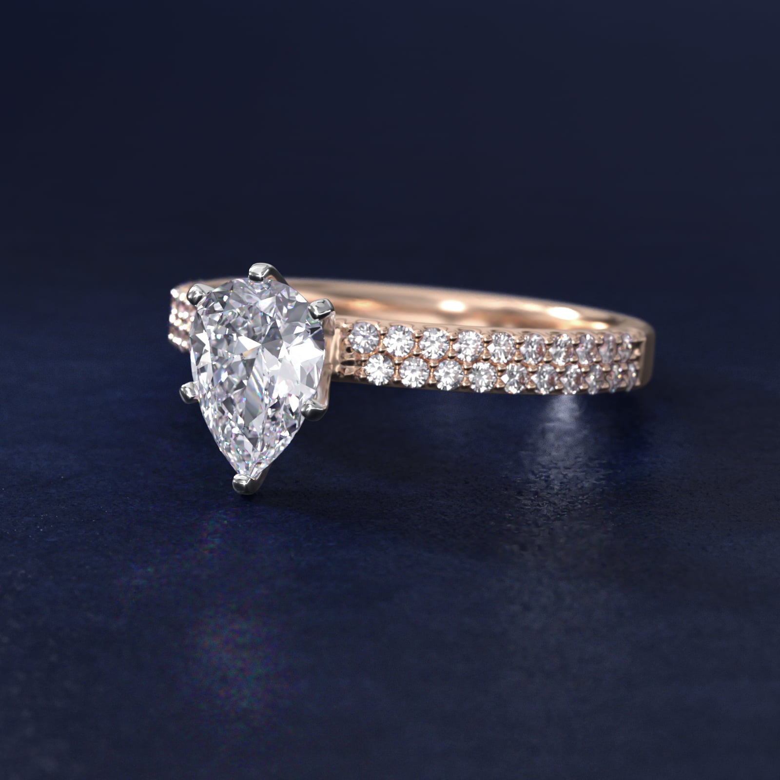 Petite Double Row Diamond Engagement Ring in 14k Rose Gold - Pear Center