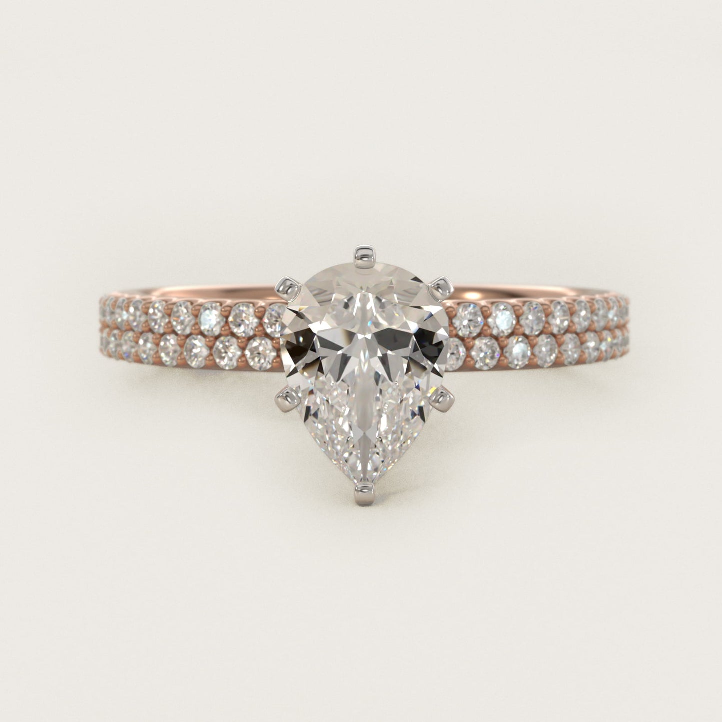 Petite Double Row Diamond Engagement Ring in 14k Rose Gold - Pear Center