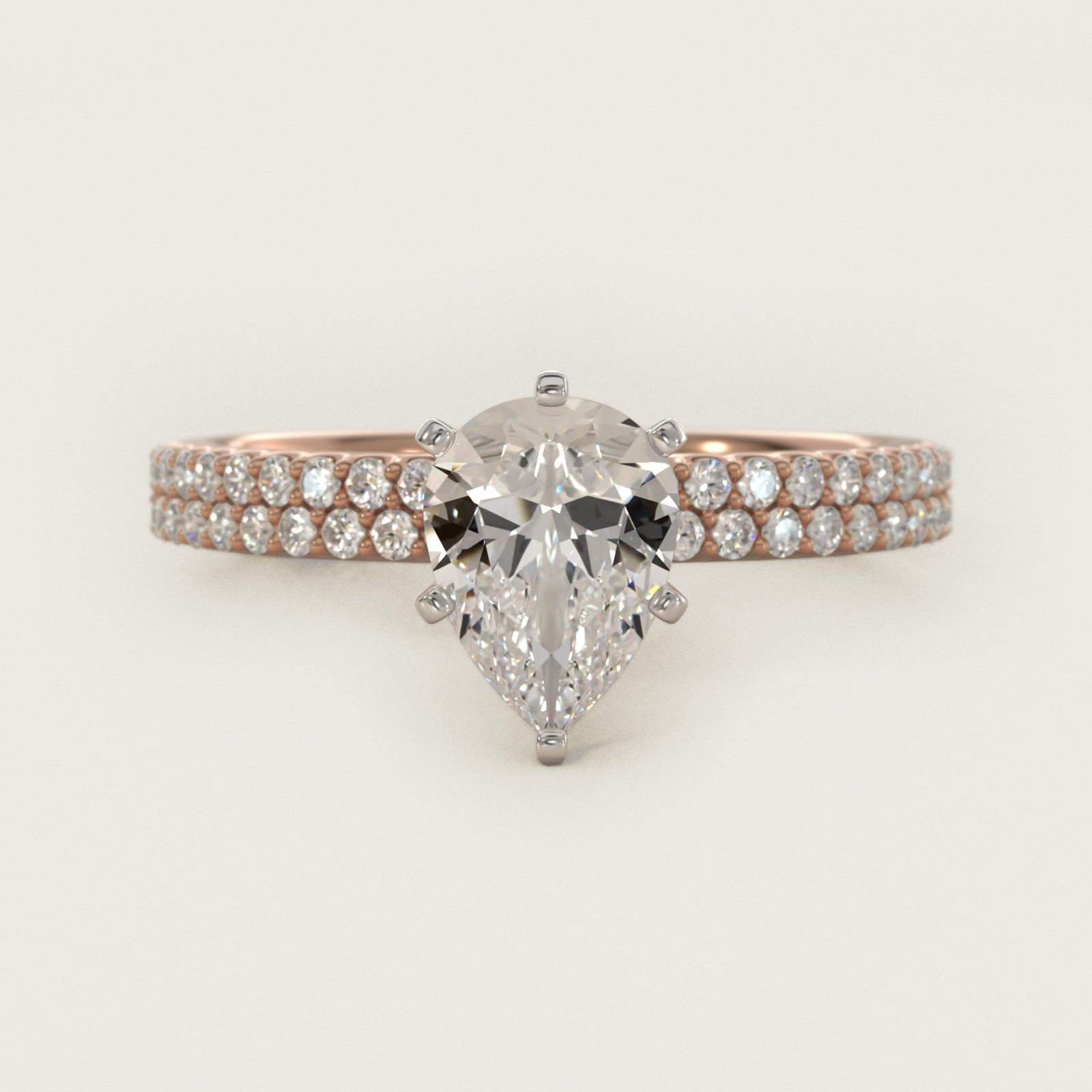 Petite Double Row Diamond Engagement Ring in 14k Rose Gold - Pear Center