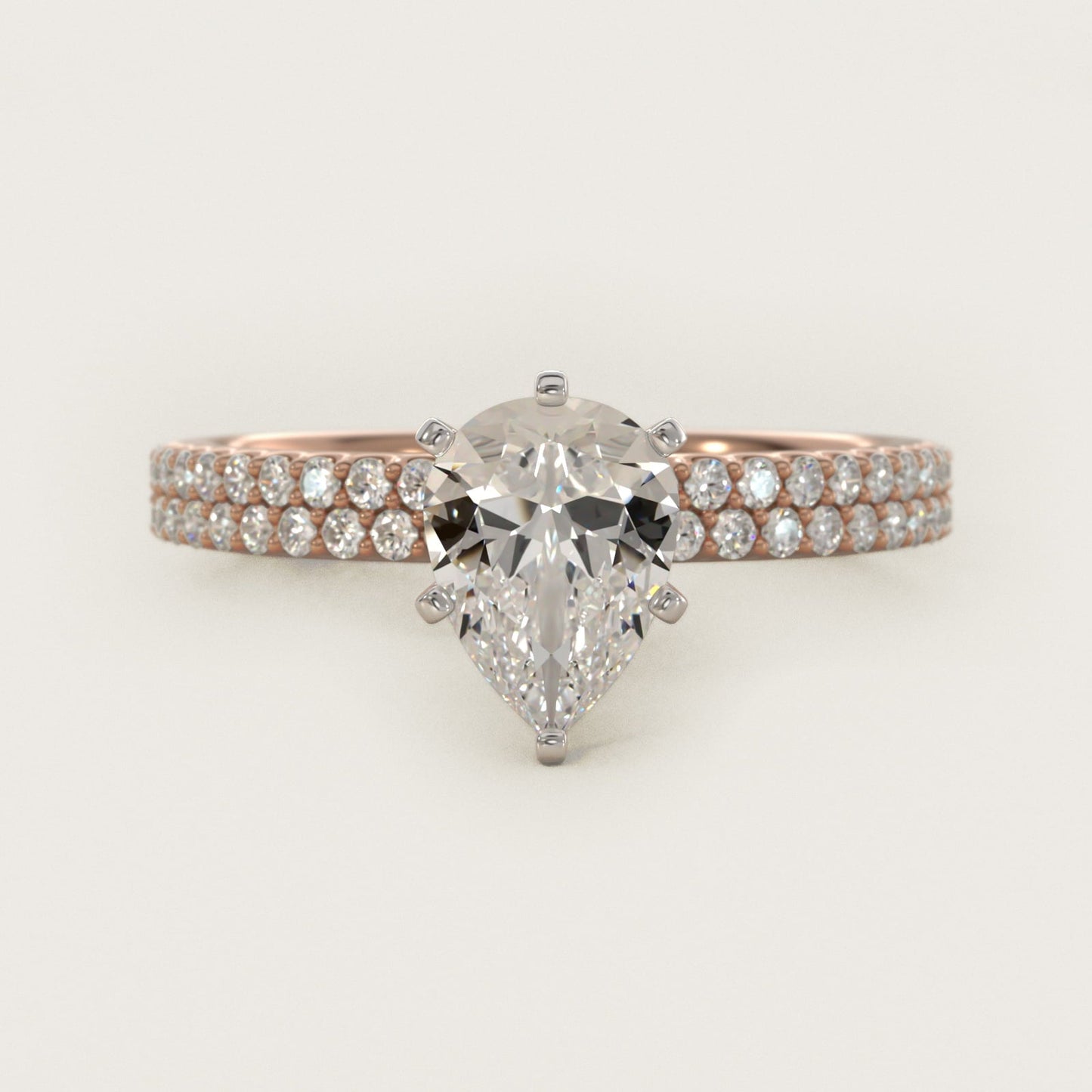 Petite Double Row Diamond Engagement Ring in 18k Rose Gold - Pear Center