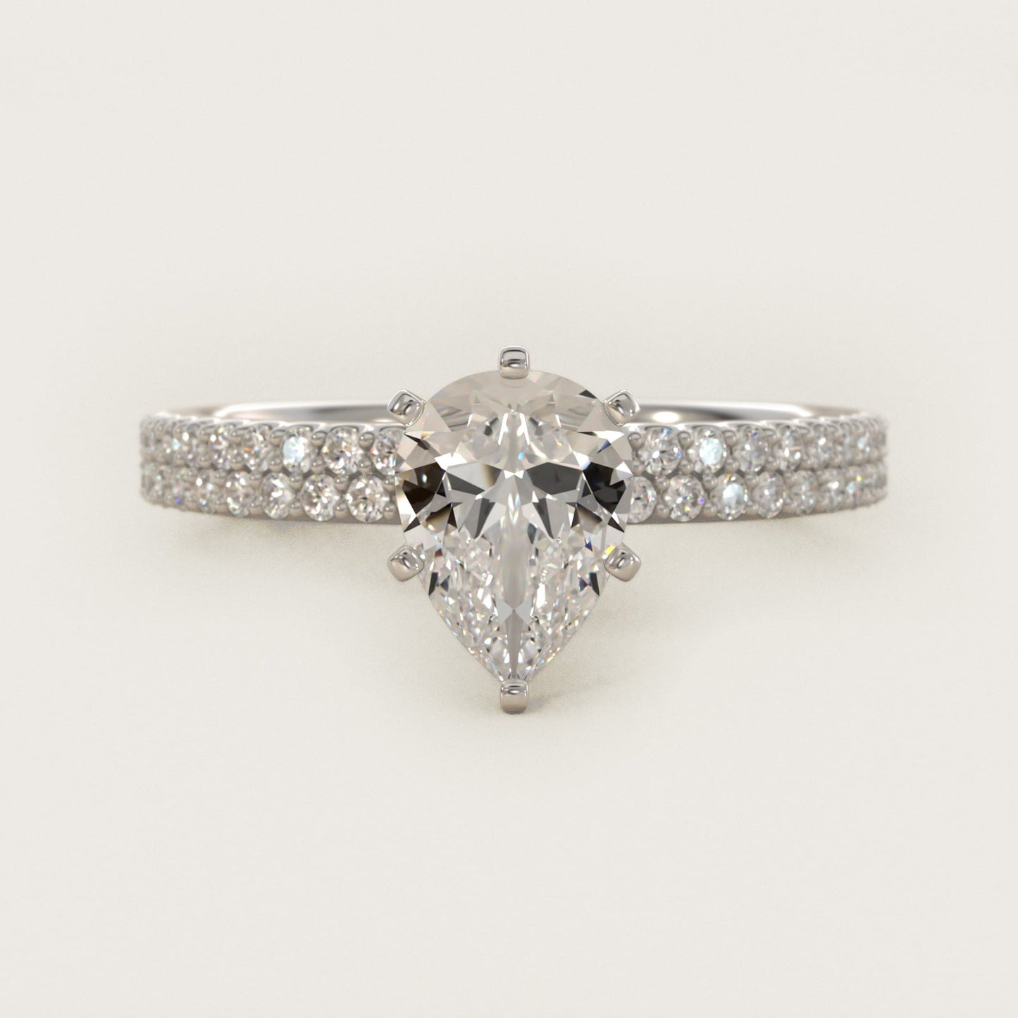 Petite Double Row Diamond Engagement Ring in 14k White Gold - Pear Center