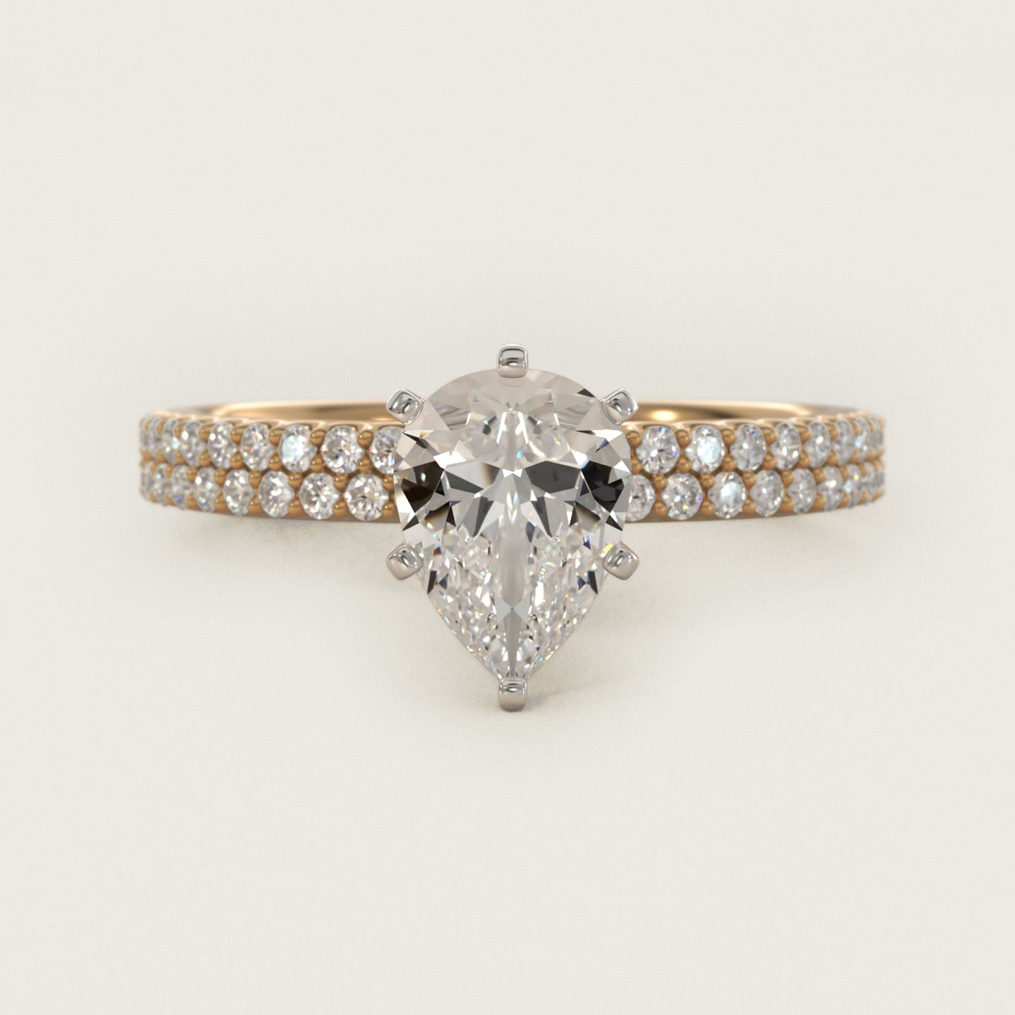 Petite Double Row Diamond Engagement Ring in 14k Yellow Gold - Pear Center