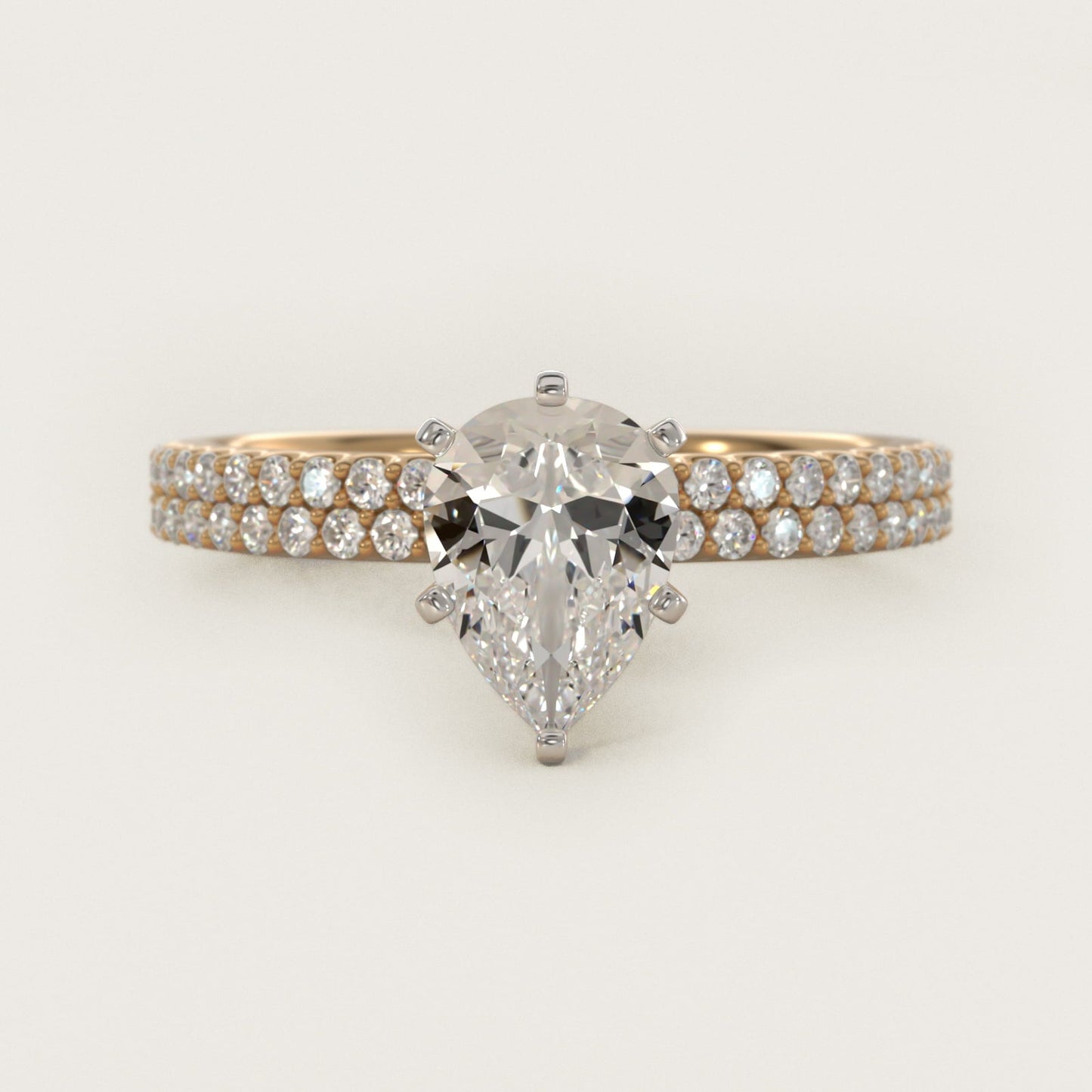 Petite Double Row Diamond Engagement Ring in 18k Yellow Gold - Pear Center