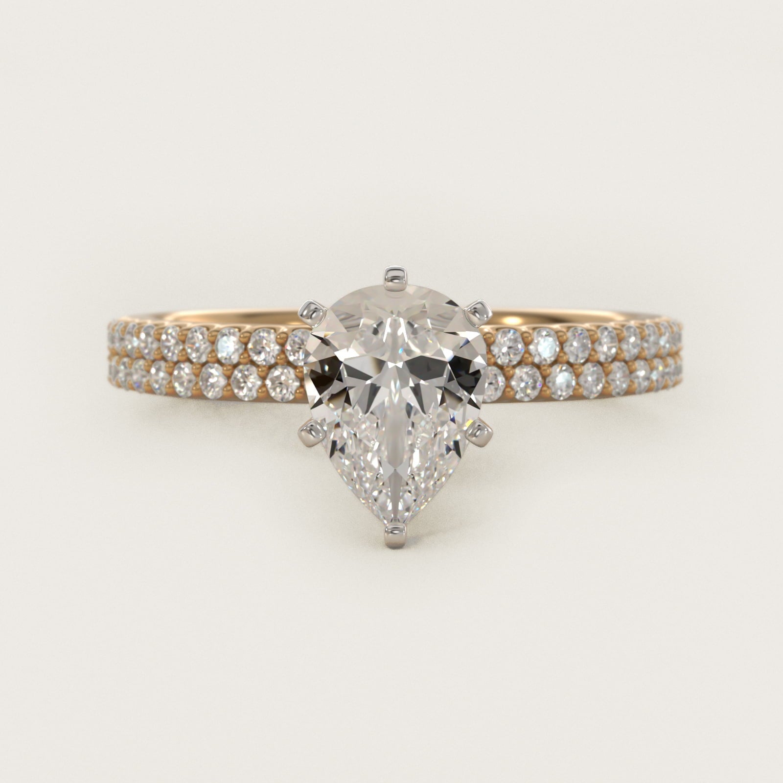 Petite Double Row Diamond Engagement Ring in 18k Yellow Gold - Pear Center