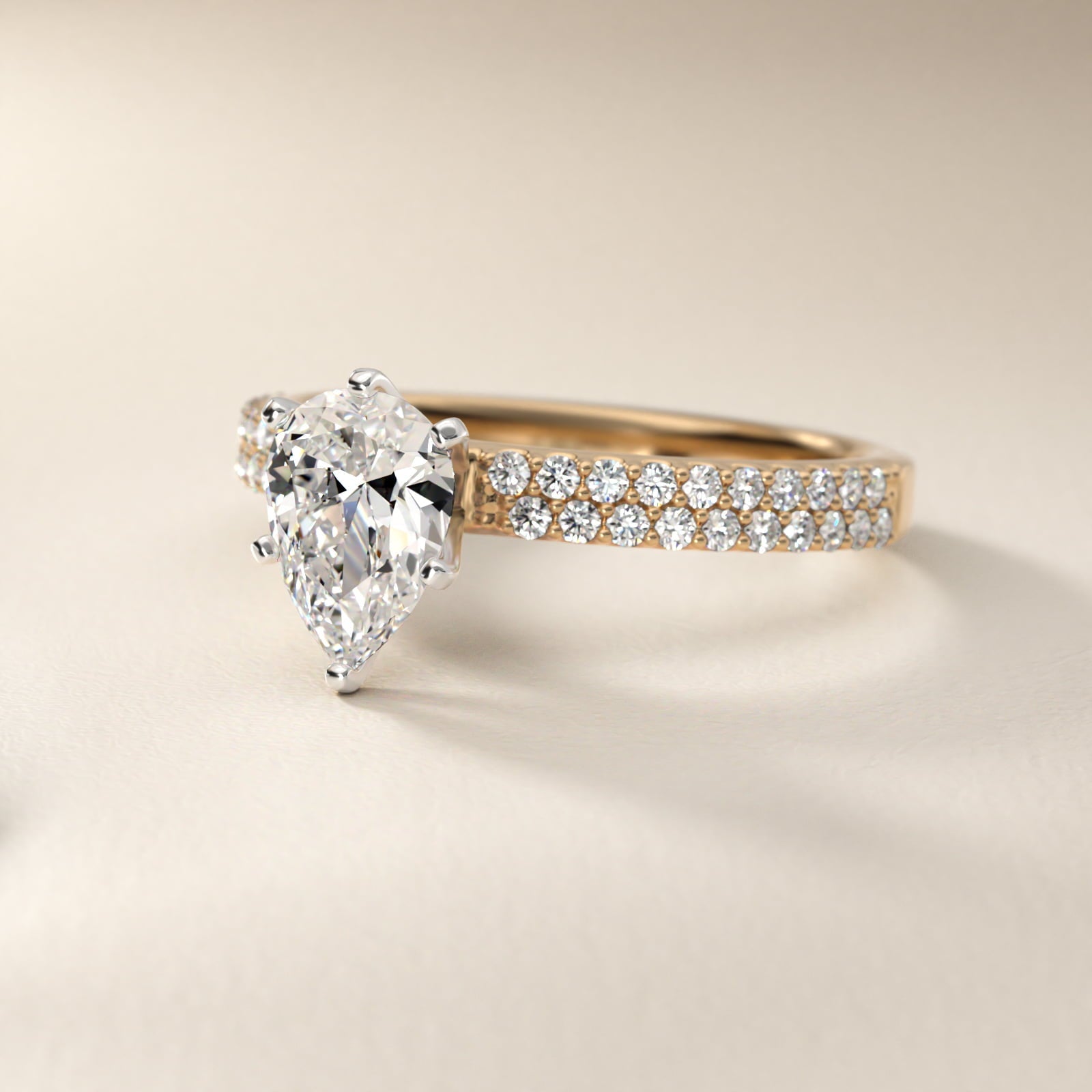 Petite Double Row Diamond Engagement Ring in 18k Yellow Gold - Pear Center