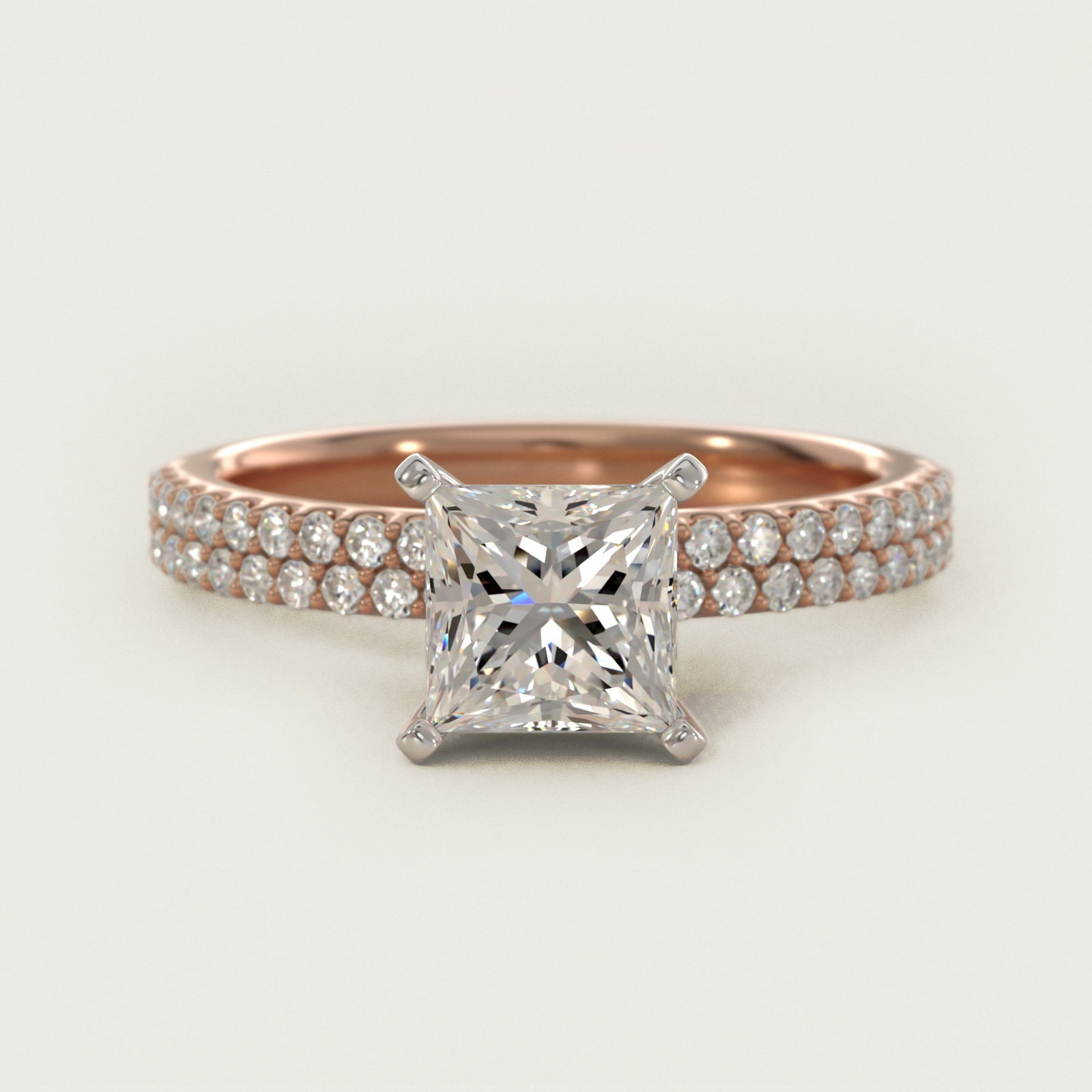 Petite Double Row Diamond Engagement Ring in 18k Rose Gold - Princess Center