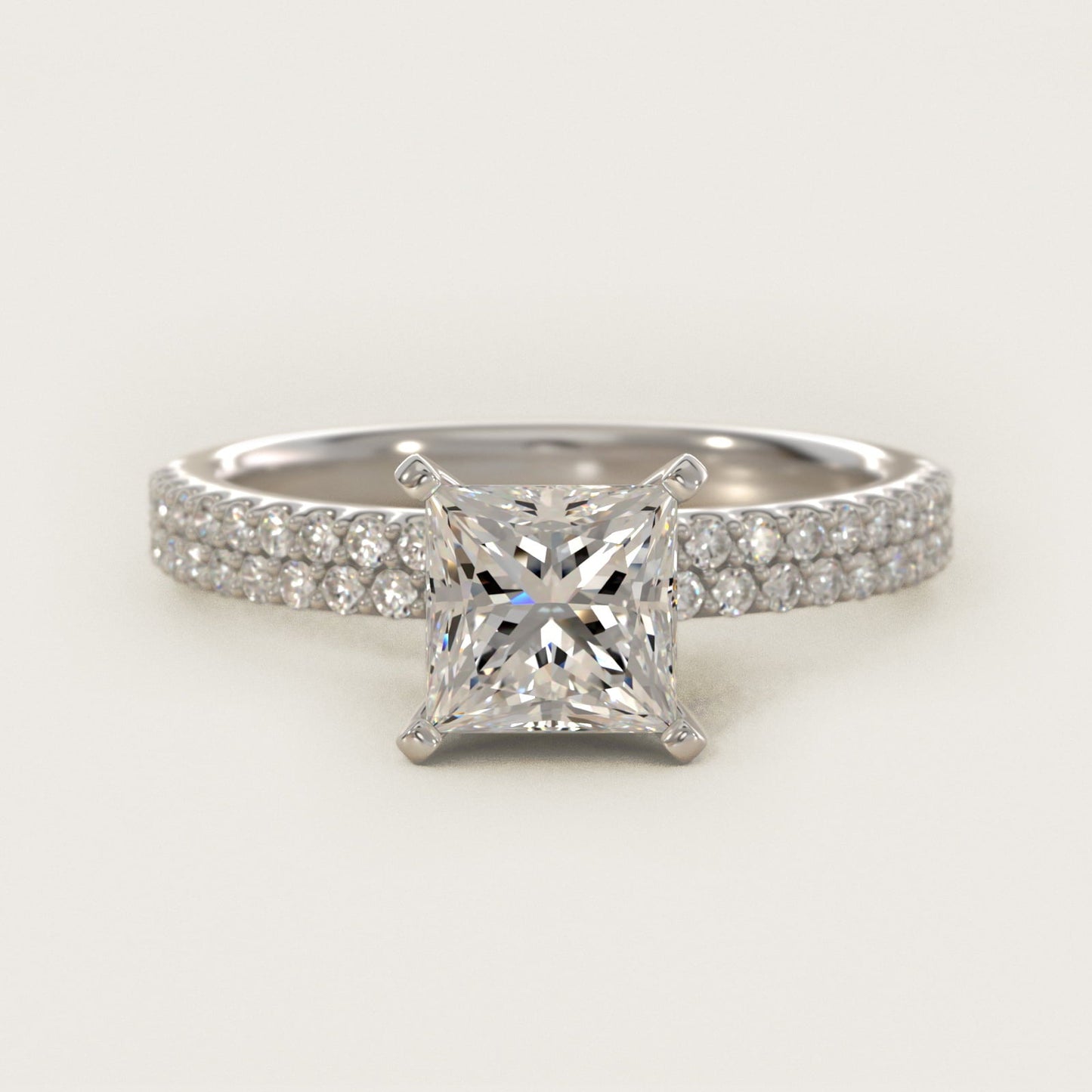 Petite Double Row Diamond Engagement Ring in 18k White Gold - Princess Center