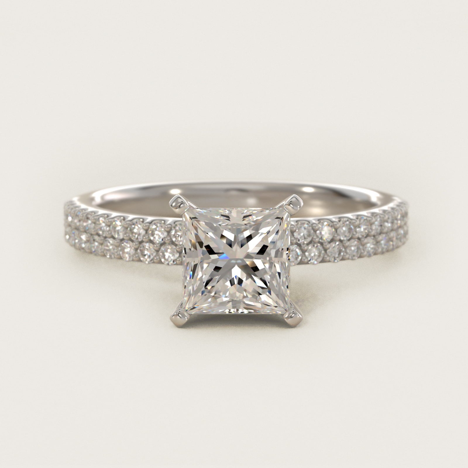 Petite Double Row Diamond Engagement Ring in 18k White Gold - Princess Center