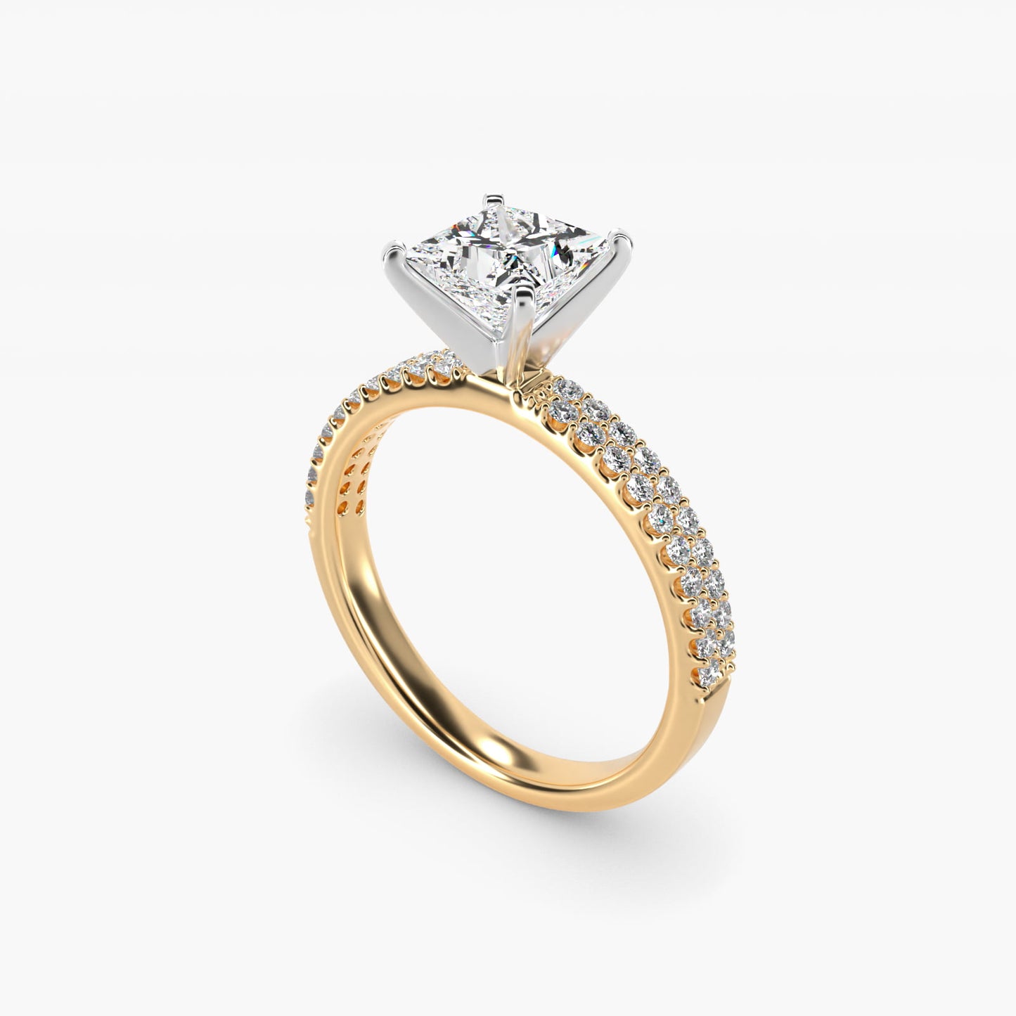 Petite Double Row Diamond Engagement Ring in 14k Yellow Gold - Princess Center