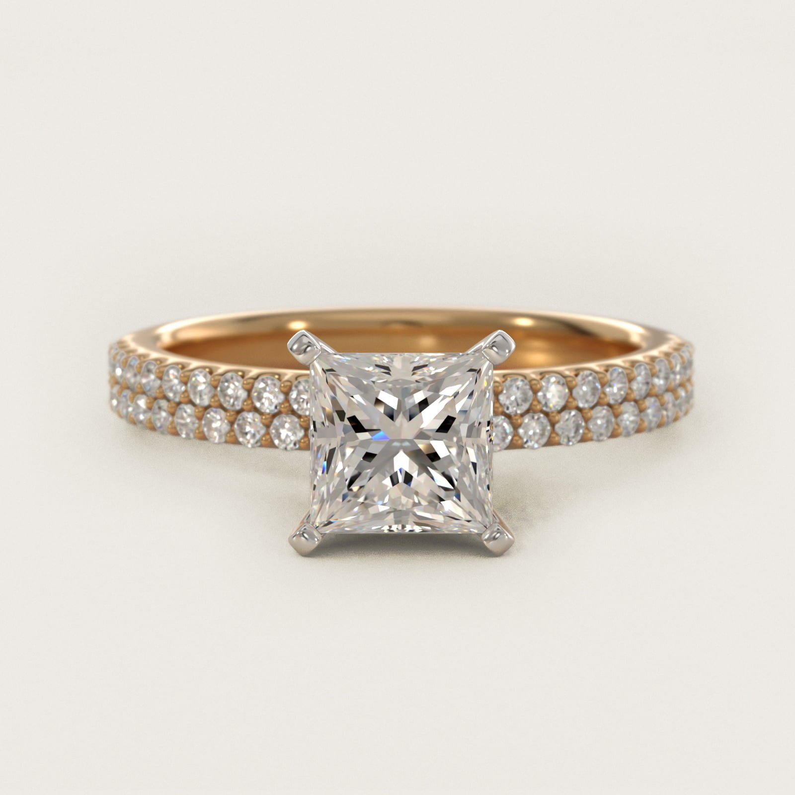 Petite Double Row Diamond Engagement Ring in 14k Yellow Gold - Princess Center