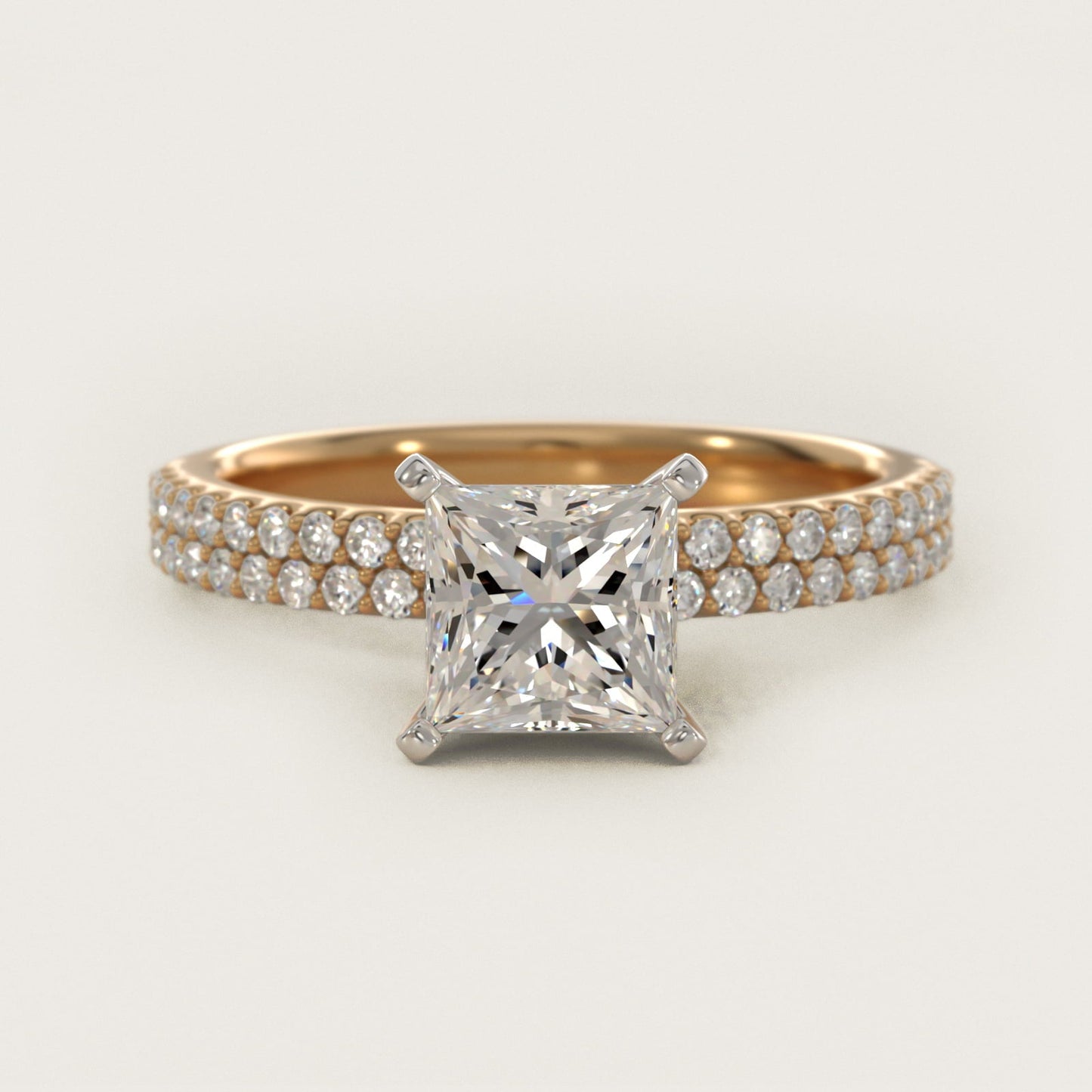 Petite Double Row Diamond Engagement Ring in 18k Yellow Gold - Princess Center