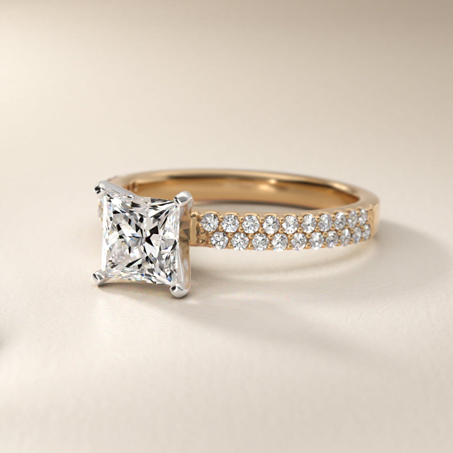 Petite Double Row Diamond Engagement Ring in 14k Yellow Gold - Princess Center