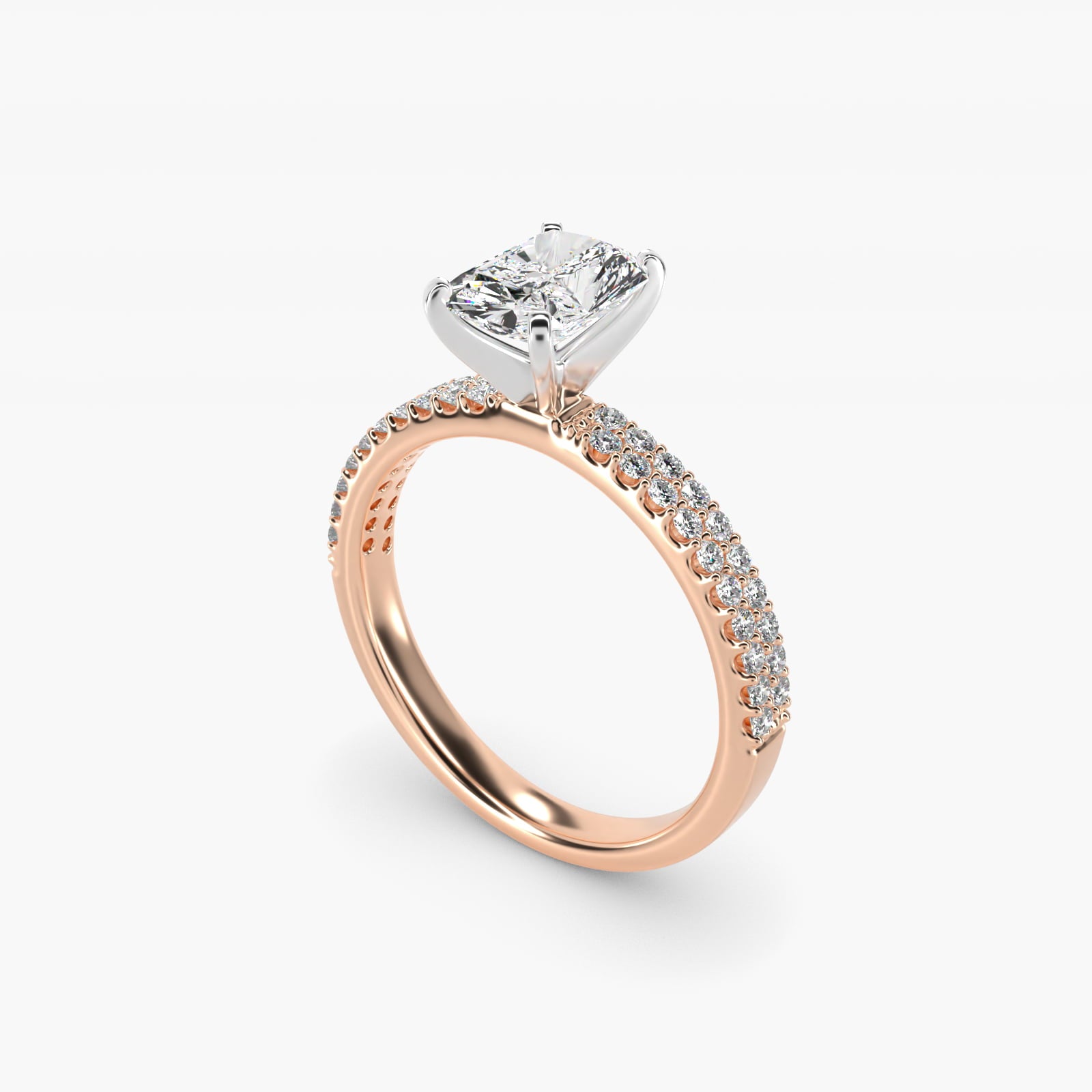 Petite Double Row Diamond Engagement Ring in 14k Rose Gold - Radiant Center