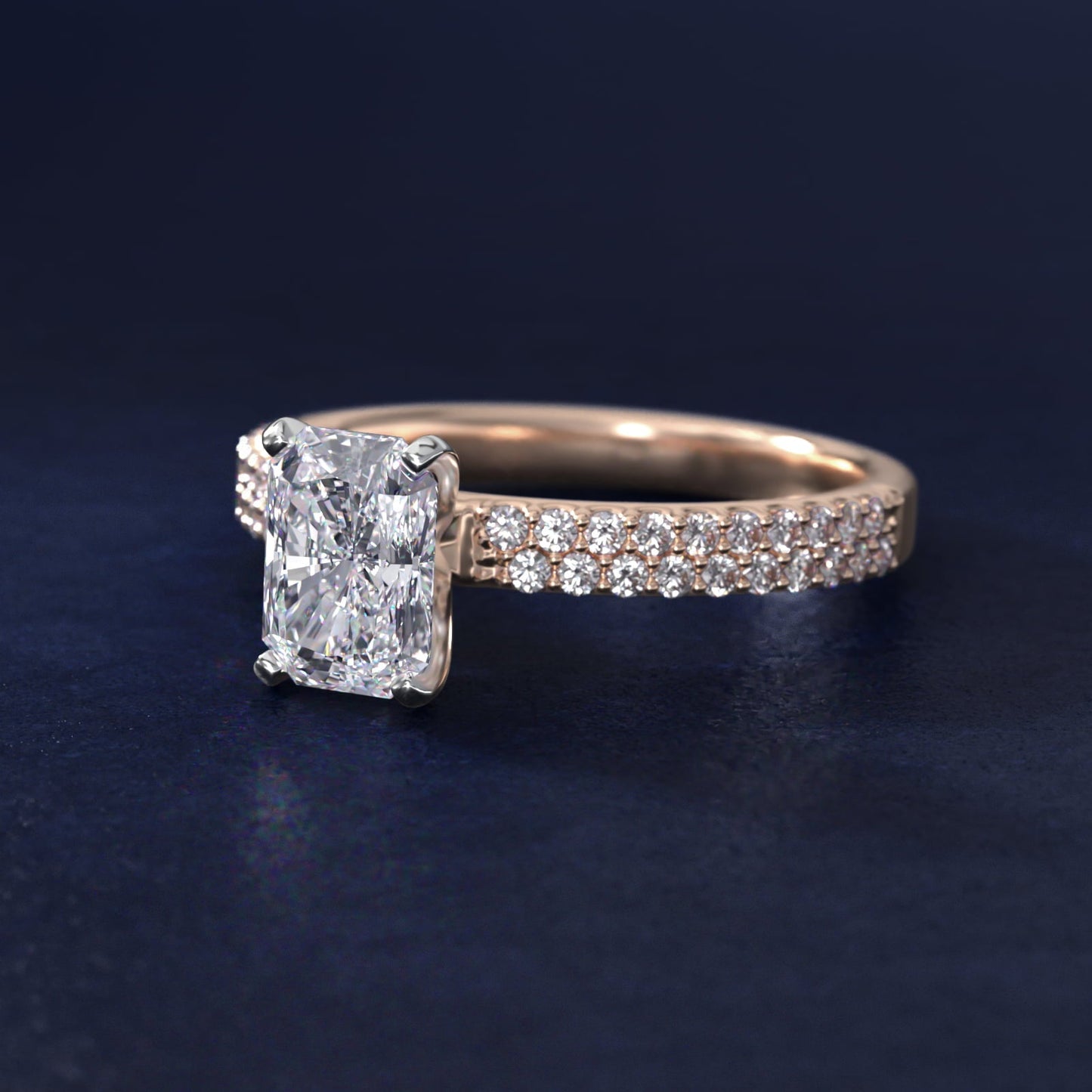 Petite Double Row Diamond Engagement Ring in 18k Rose Gold - Radiant Center