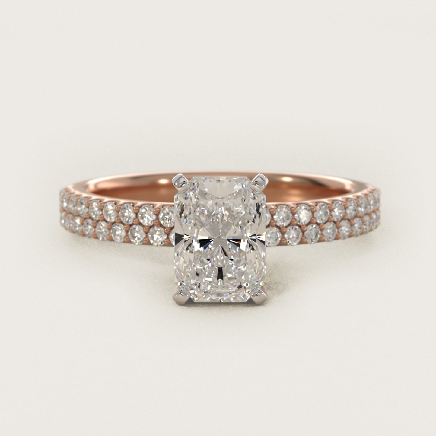 Petite Double Row Diamond Engagement Ring in 18k Rose Gold - Radiant Center