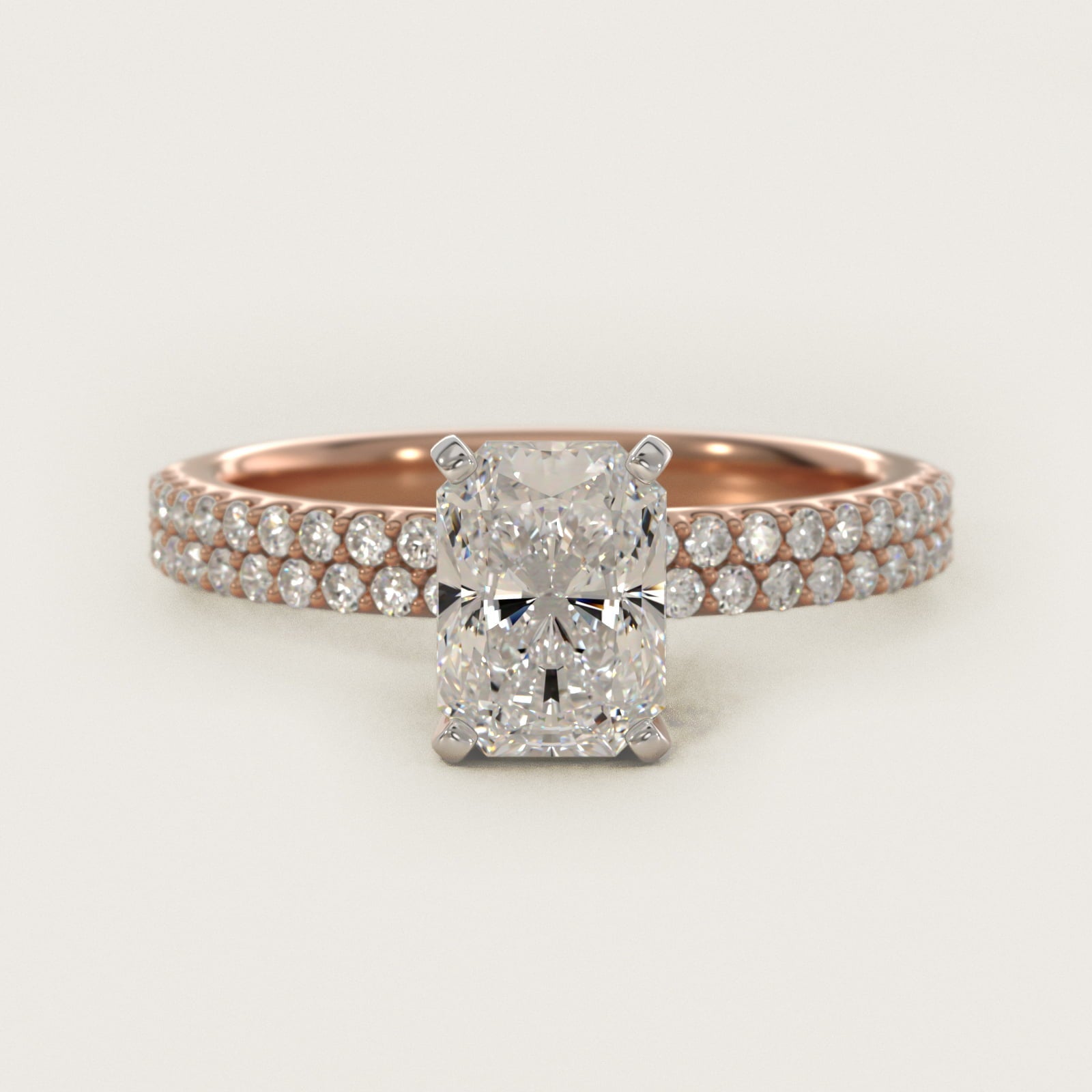 Petite Double Row Diamond Engagement Ring in 18k Rose Gold - Radiant Center