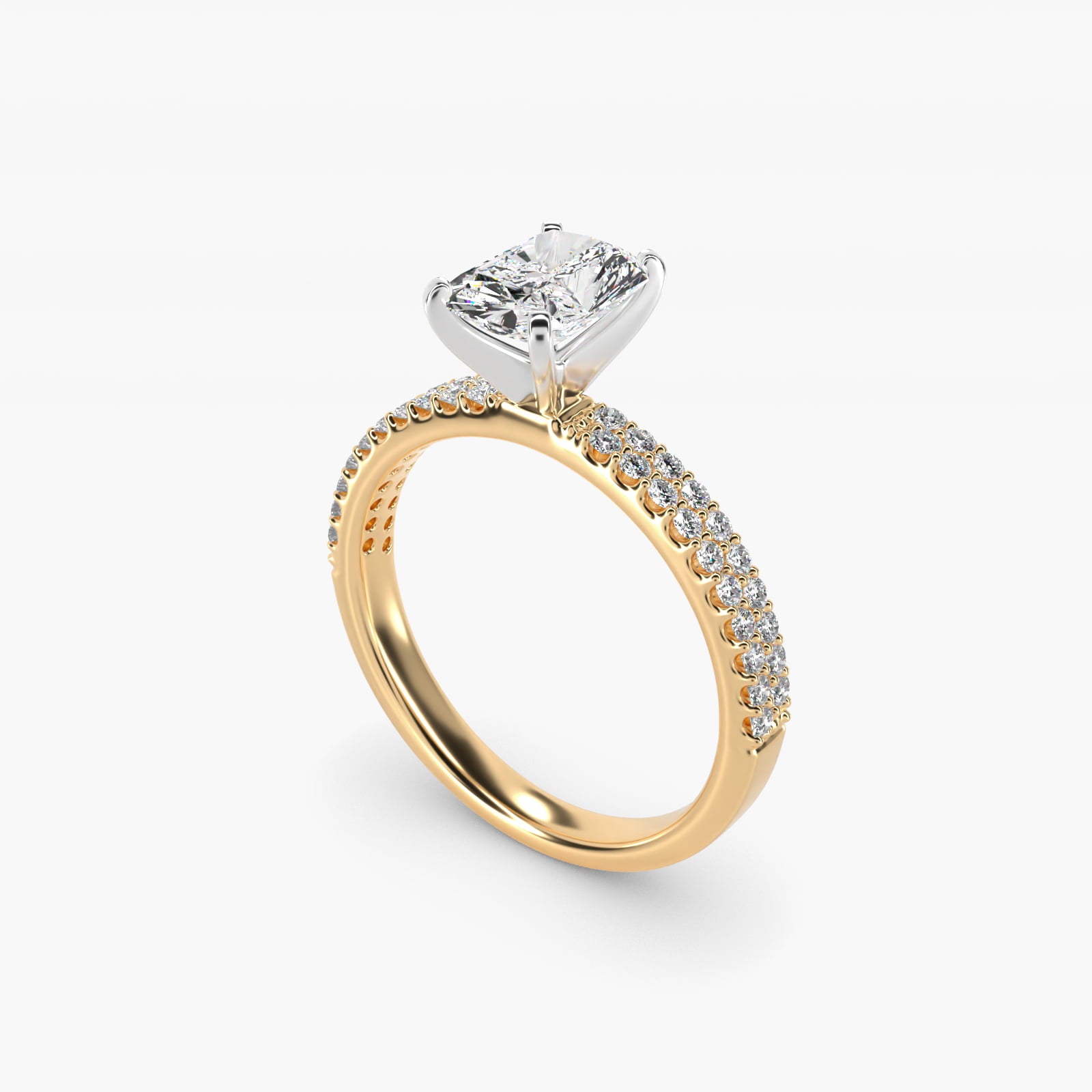 Petite Double Row Diamond Engagement Ring in 14k Yellow Gold - Radiant Center