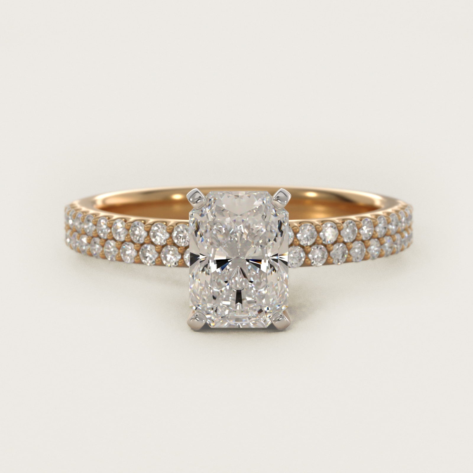 Petite Double Row Diamond Engagement Ring in 14k Yellow Gold - Radiant Center