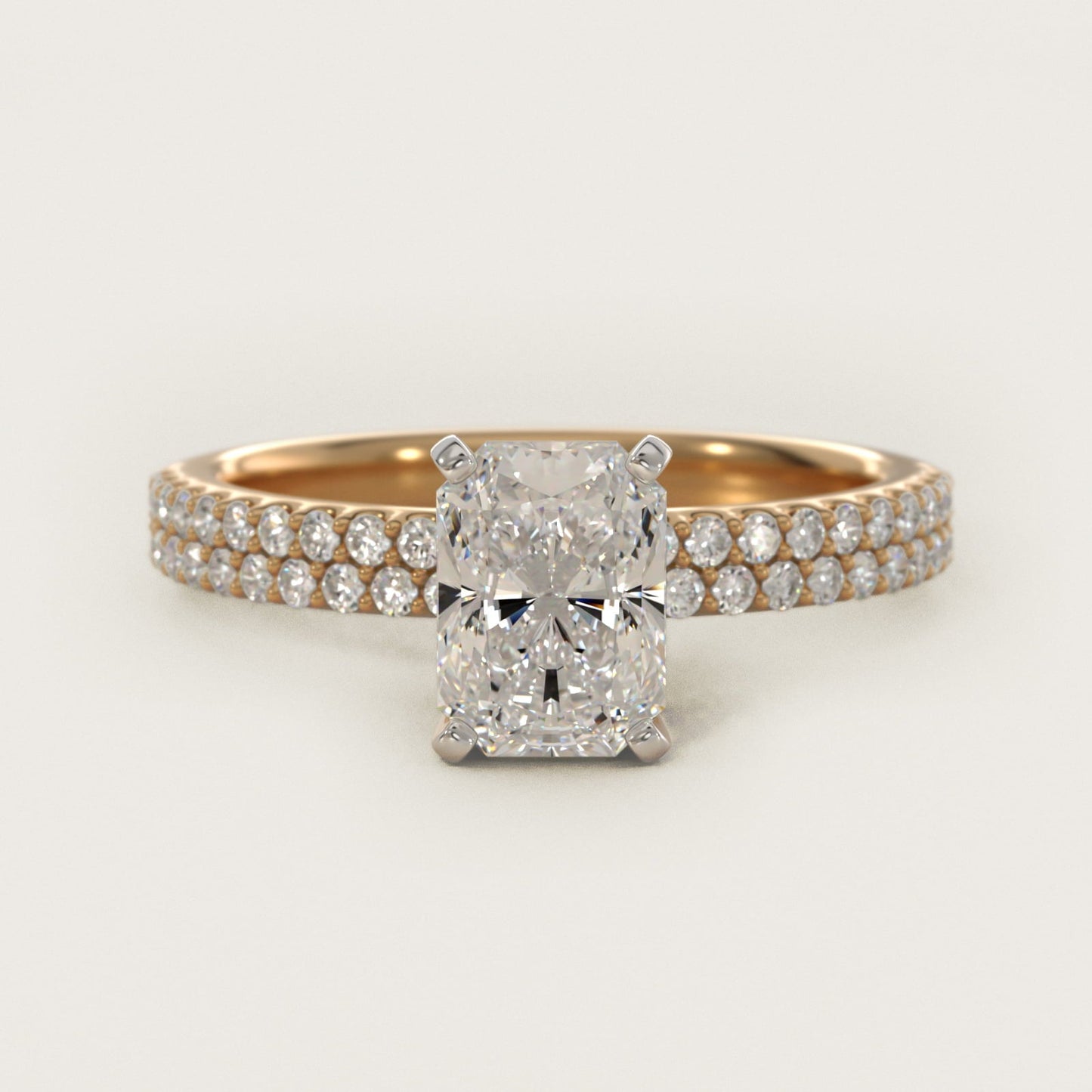 Petite Double Row Diamond Engagement Ring in 18k Yellow Gold - Radiant Center