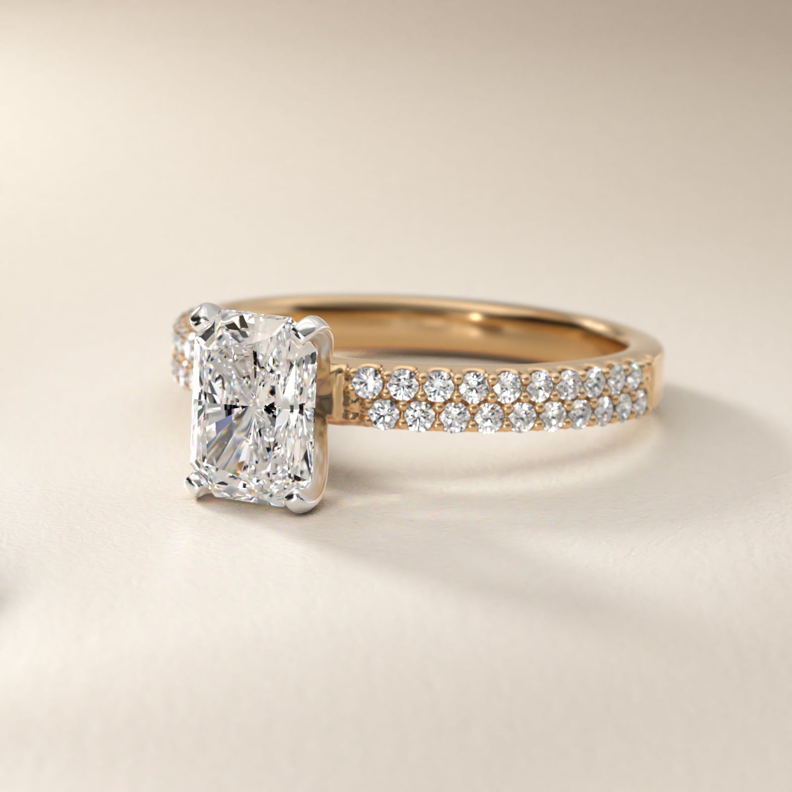 Petite Double Row Diamond Engagement Ring in 14k Yellow Gold - Radiant Center