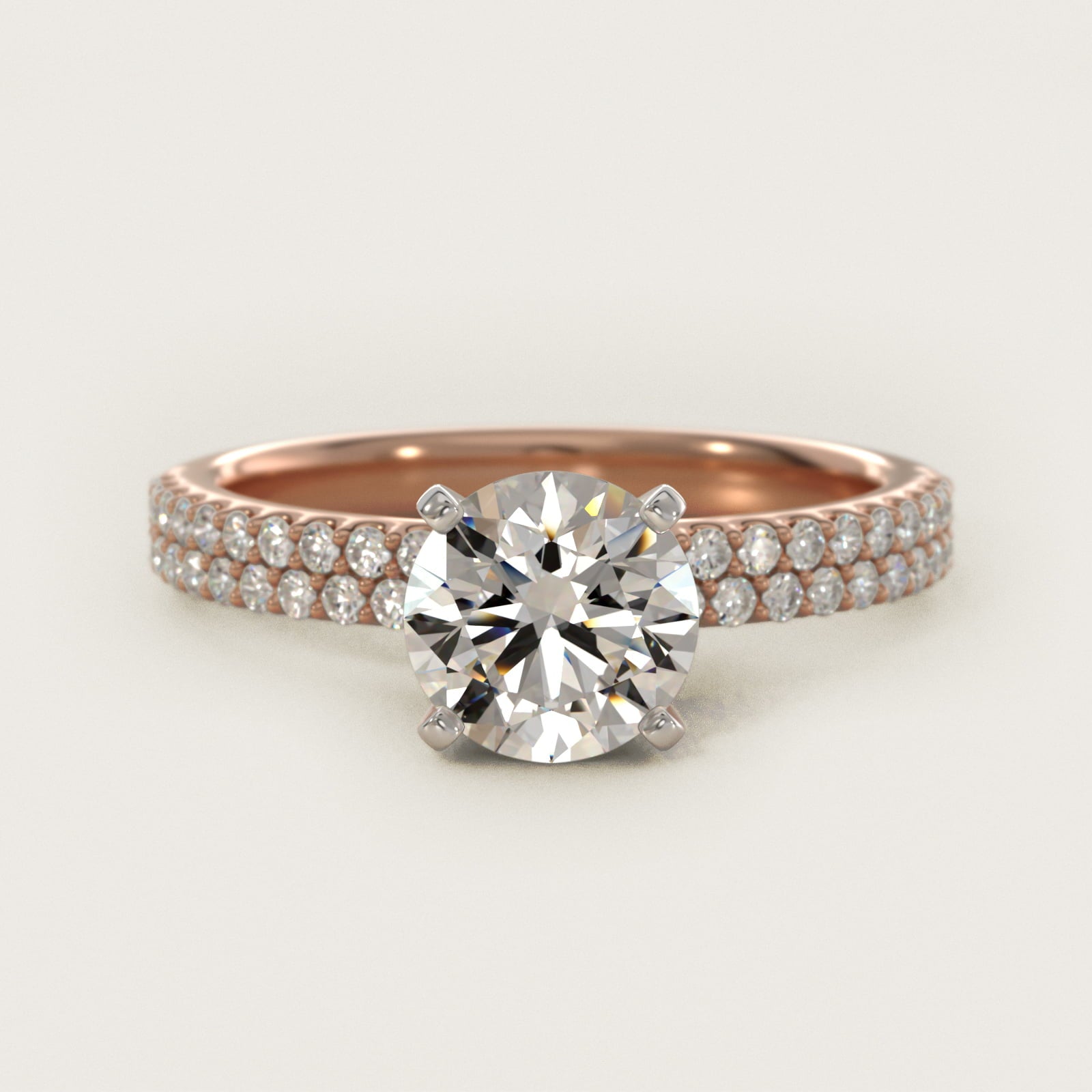 Petite Double Row Diamond Engagement Ring in 14k Rose Gold - Round Center
