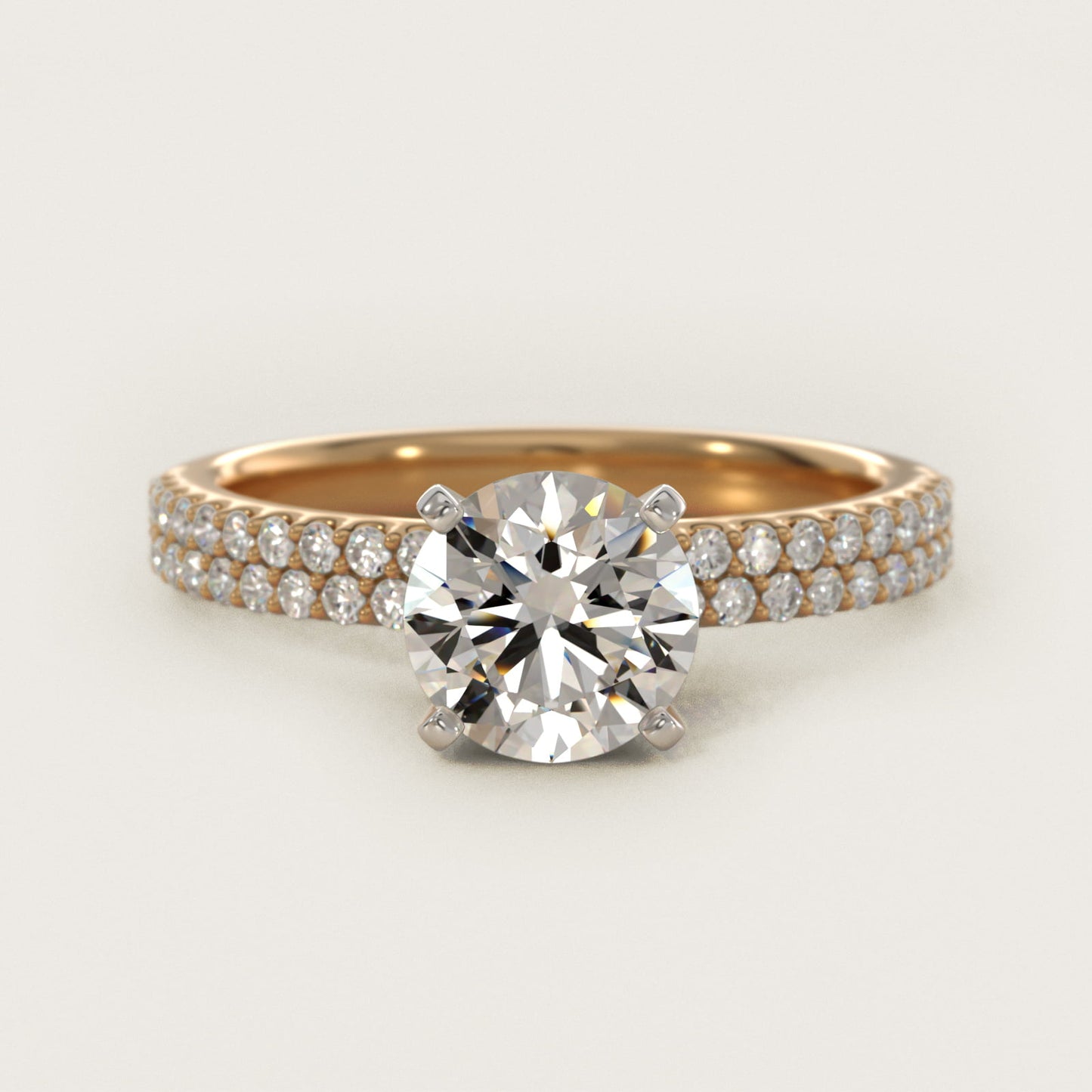 Petite Double Row Diamond Engagement Ring in 14k Yellow Gold - Round Center