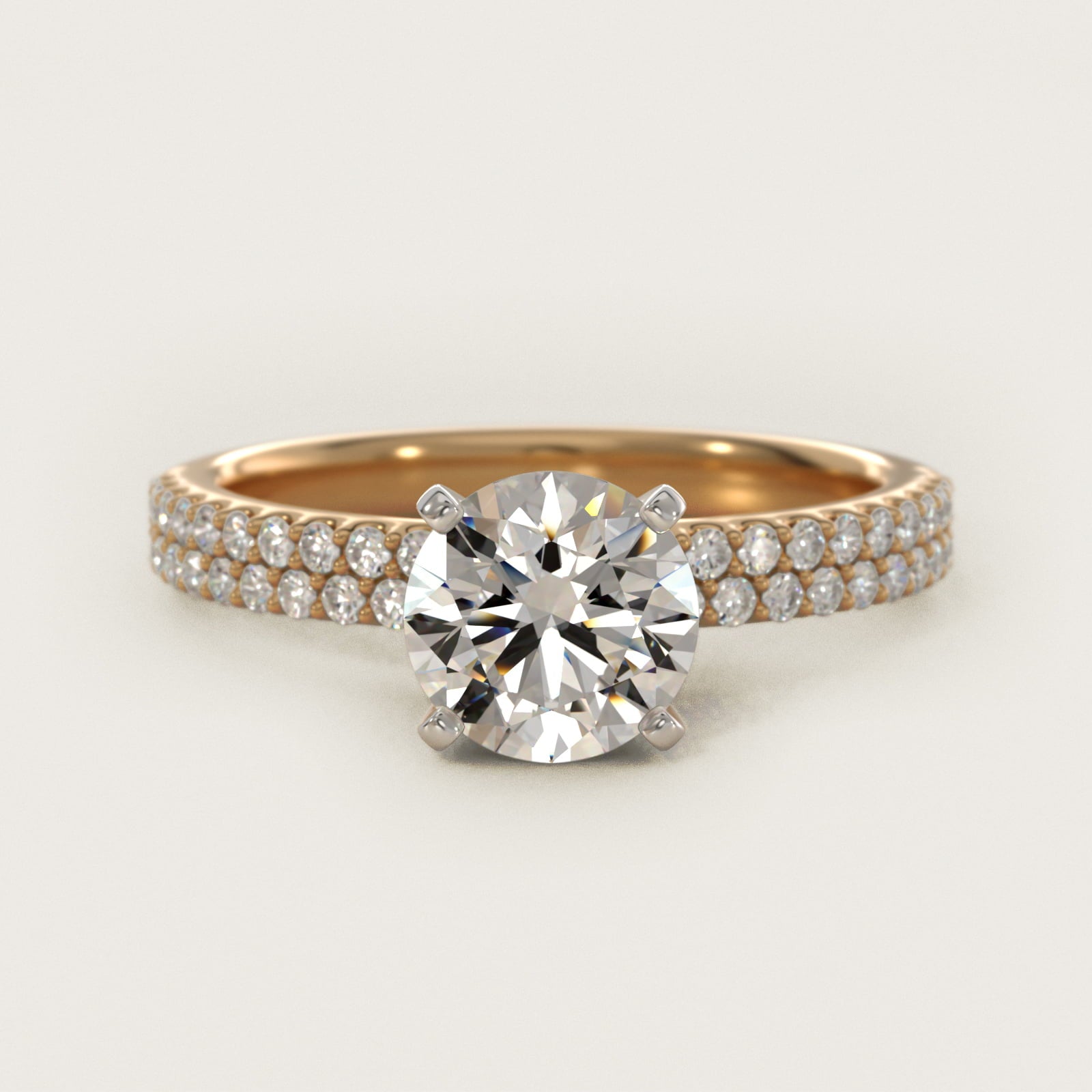Petite Double Row Diamond Engagement Ring in 14k Yellow Gold - Round Center
