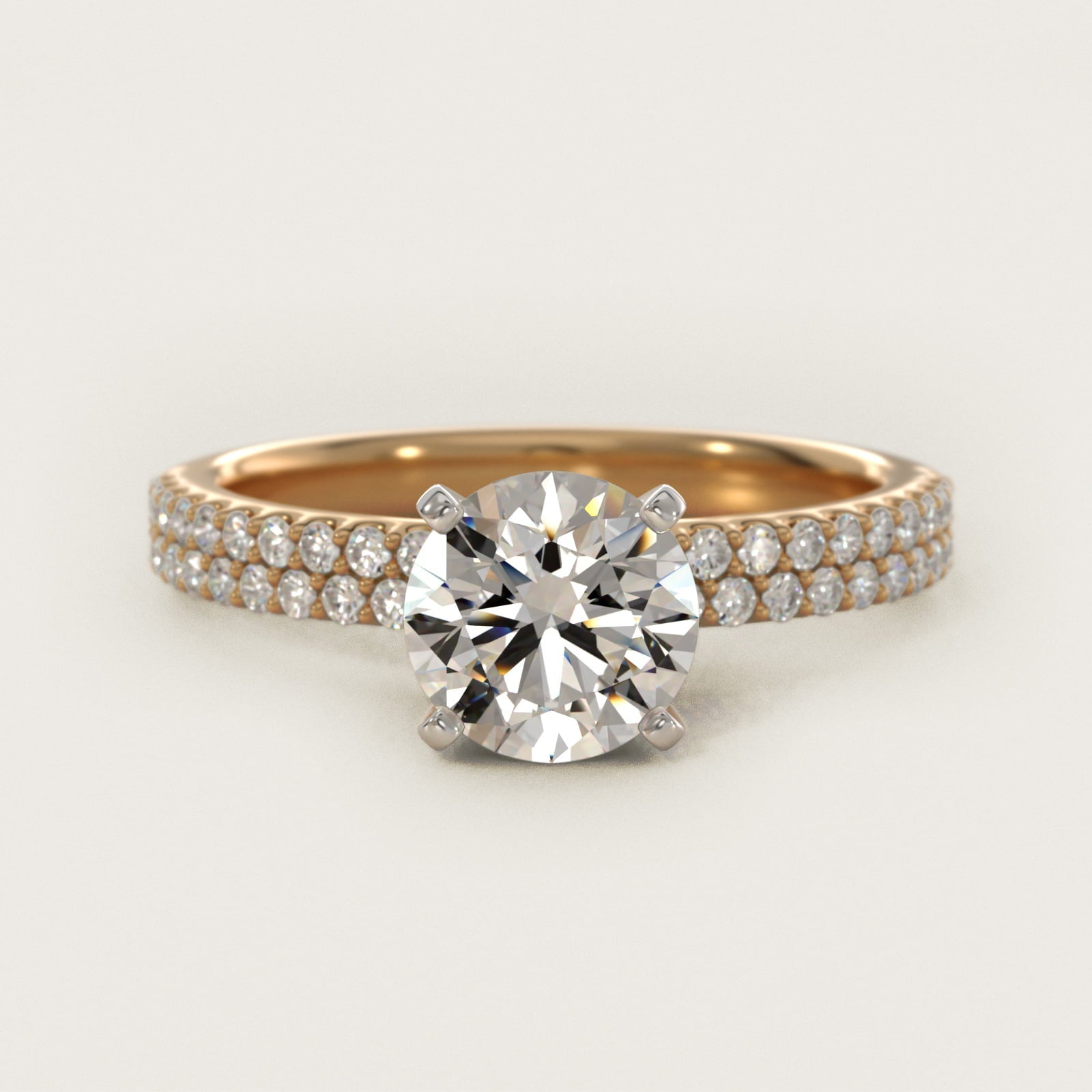 Petite Double Row Diamond Engagement Ring in 18k Yellow Gold - Round Center