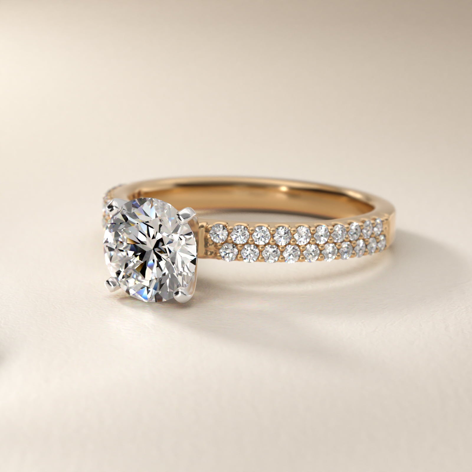 Petite Double Row Diamond Engagement Ring in 14k Yellow Gold - Round Center