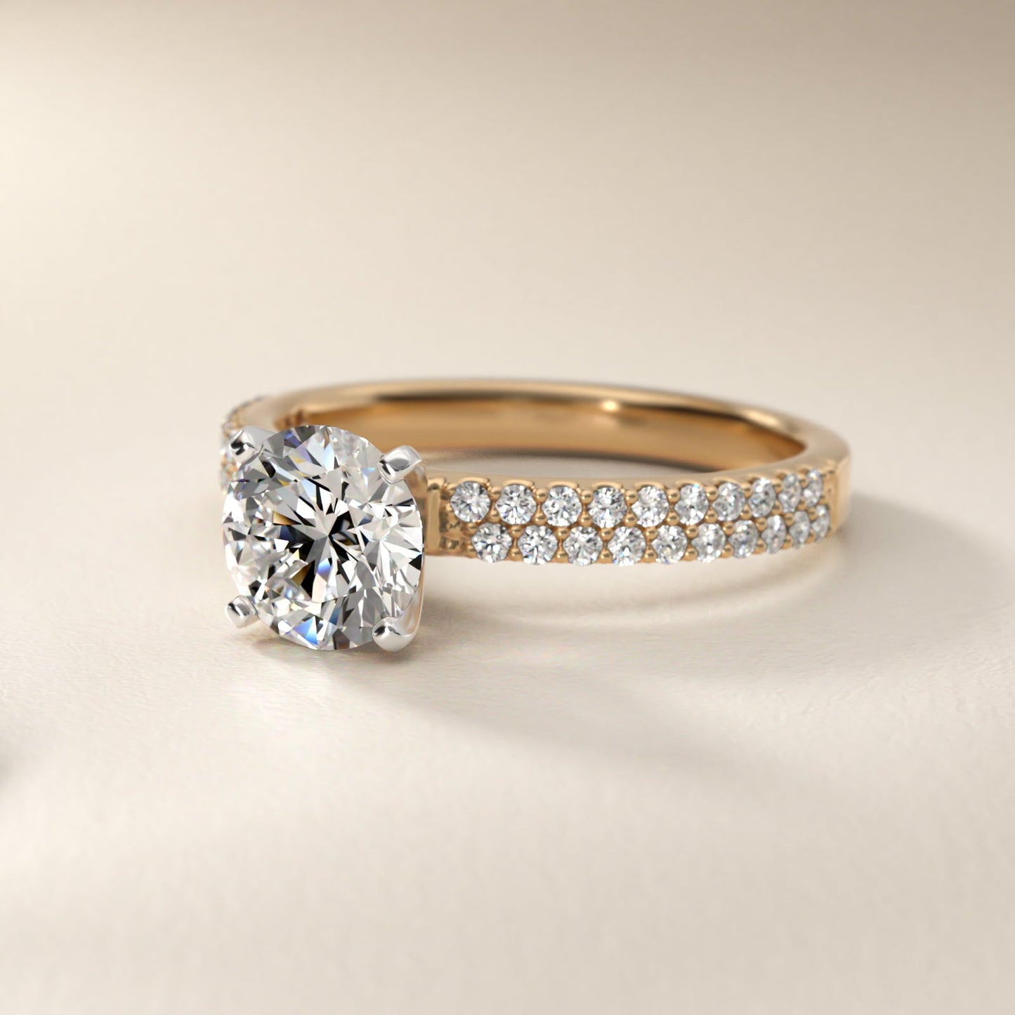 Petite Double Row Diamond Engagement Ring in 18k Yellow Gold - Round Center