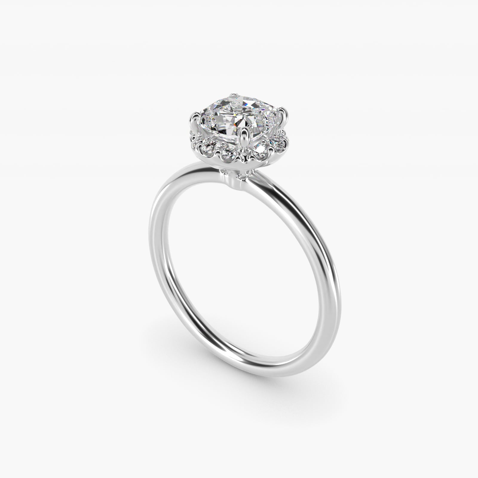 Petite Floral Halo Diamond Engagement Ring in 18k White Gold (1/10 ct. tw.) - Cushion Center