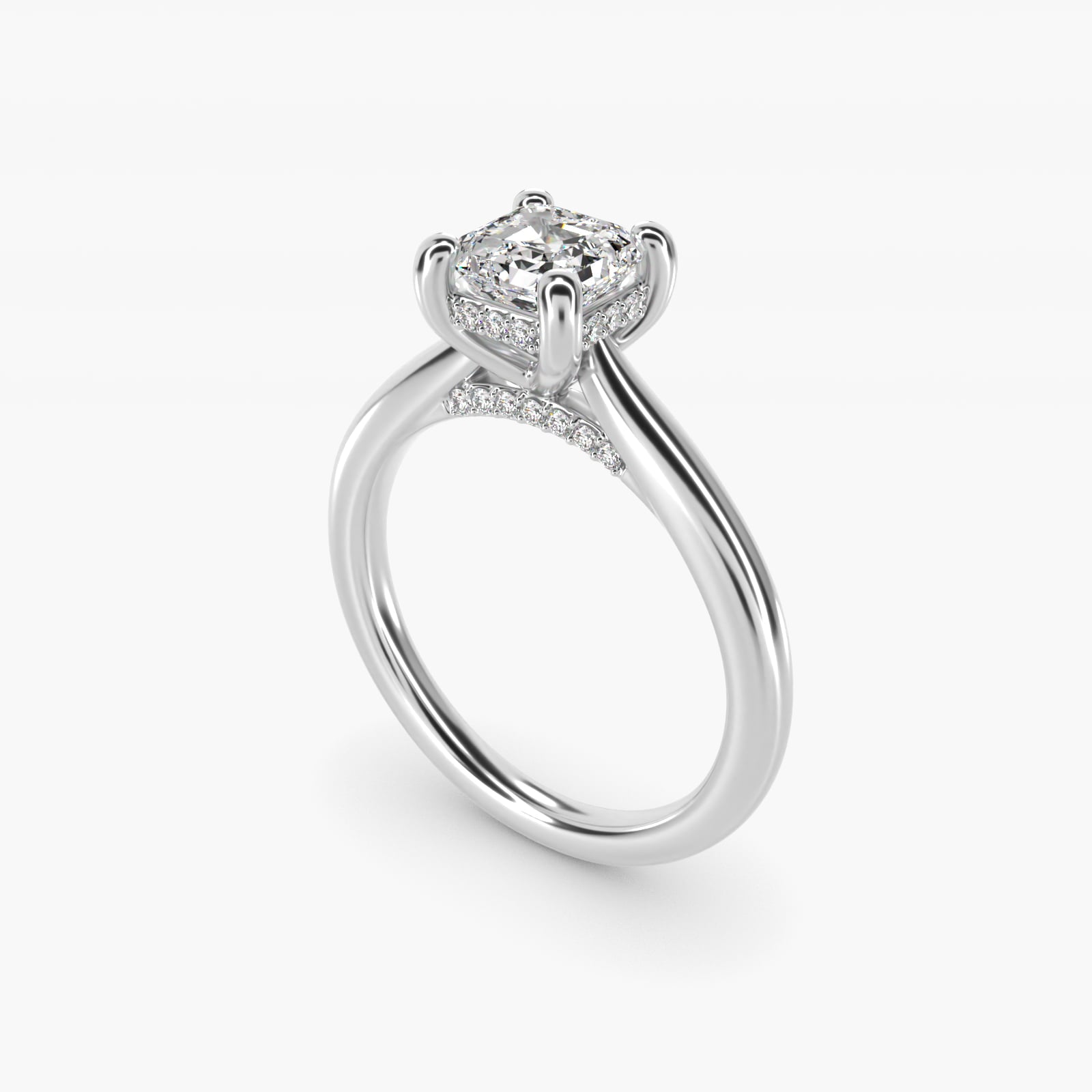 Petite Hidden Halo Solitaire Plus Diamond Engagement Ring in 18k White Gold - Asscher Center