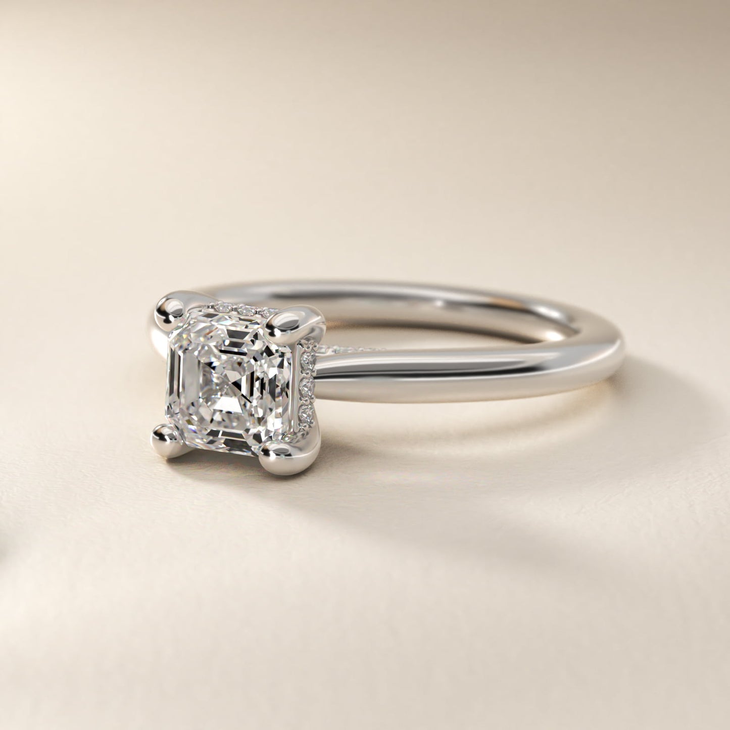 Petite Hidden Halo Solitaire Plus Diamond Engagement Ring in 18k White Gold - Asscher Center