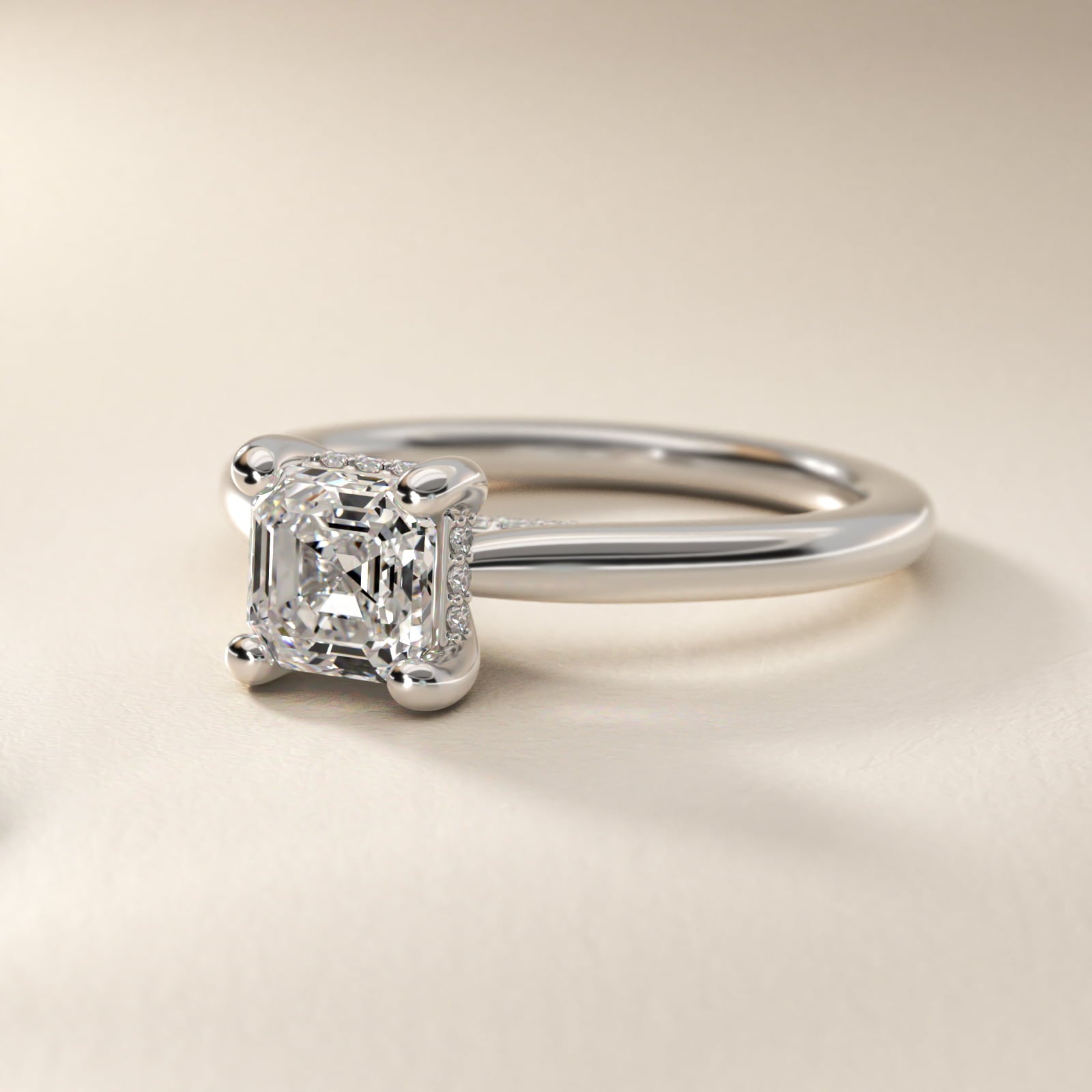 Petite Hidden Halo Solitaire Plus Diamond Engagement Ring in 18k White Gold - Asscher Center