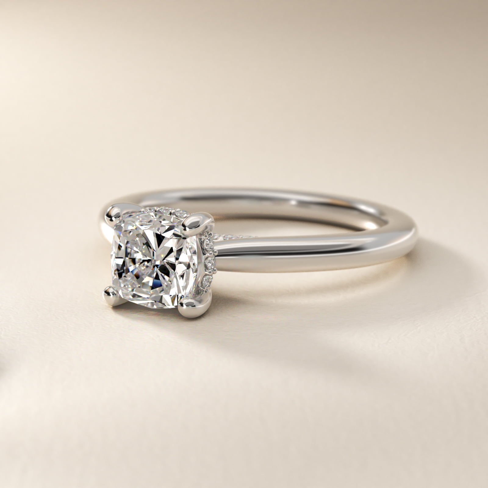 Petite Hidden Halo Solitaire Plus Diamond Engagement Ring in 18k White Gold - Cushion Center
